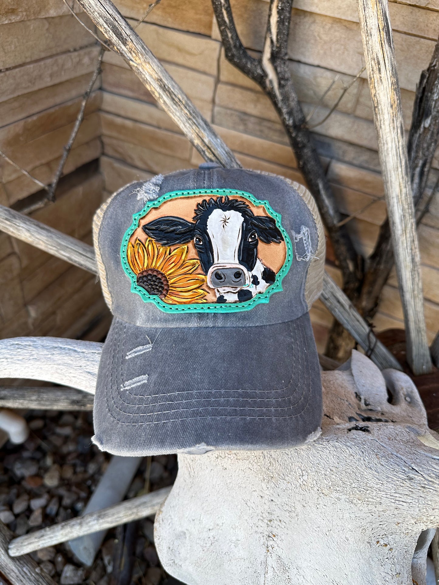 Western tooled leather cow and sunflower patch cap