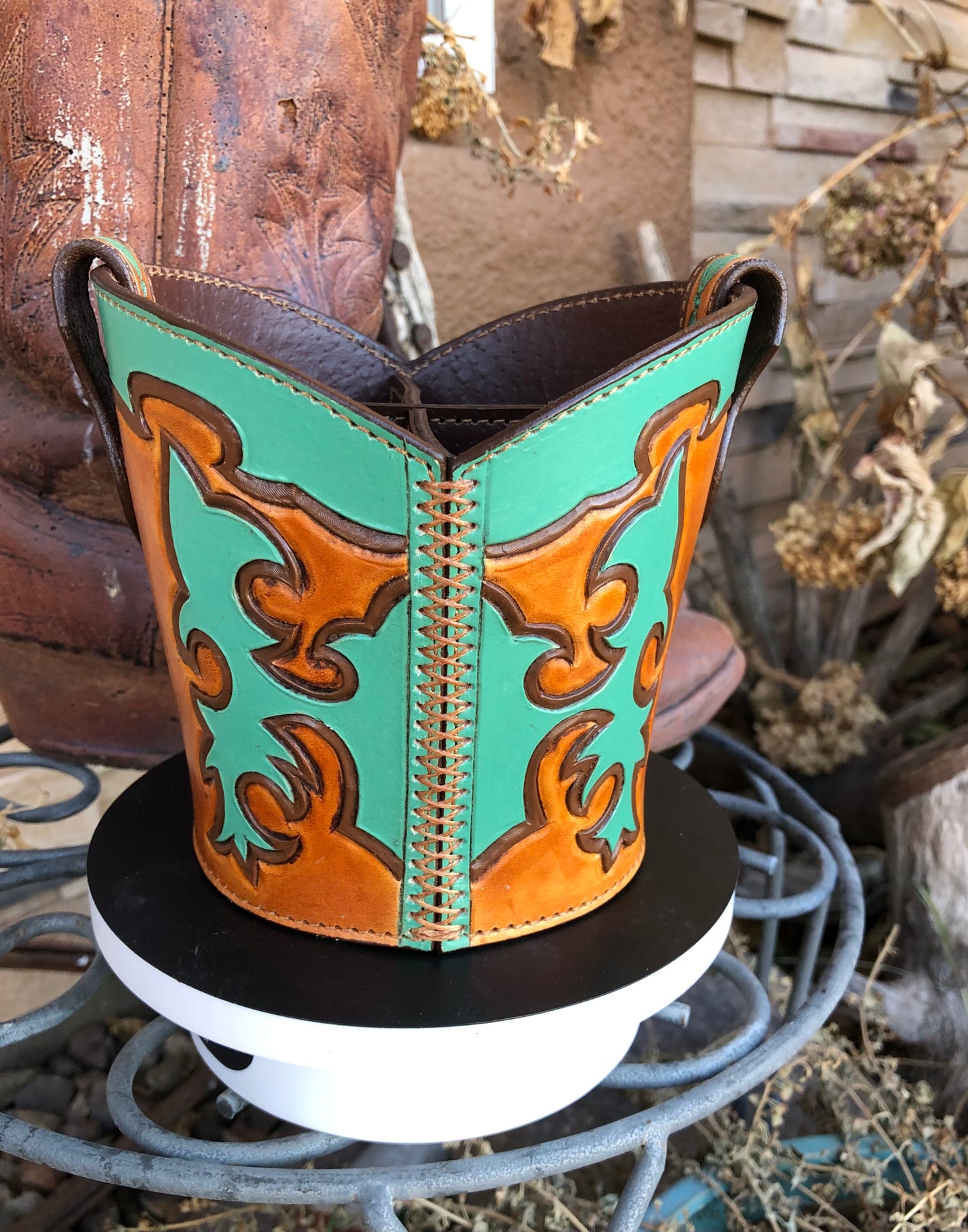Western tooled leather turquoise and brown boot desk caddy