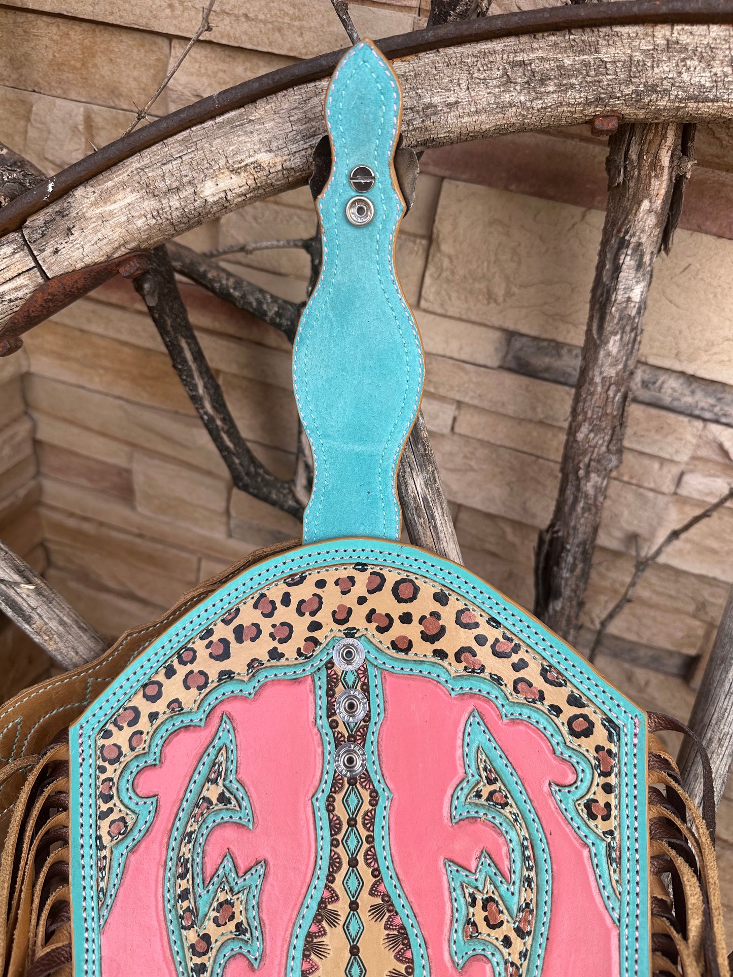 Western tooled leather turquoise, pink and leopard print fringe boot purse