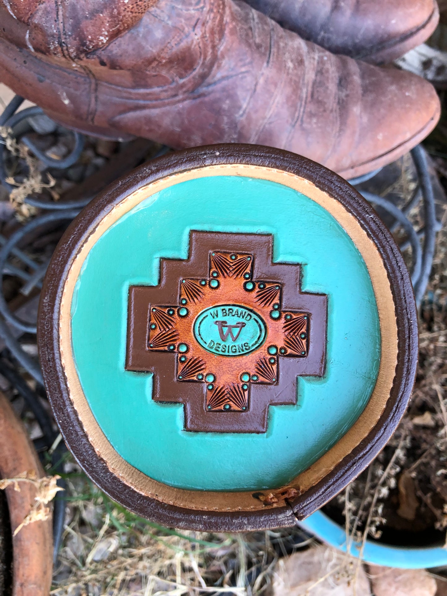 Western tooled leather turquoise and brown boot desk caddy