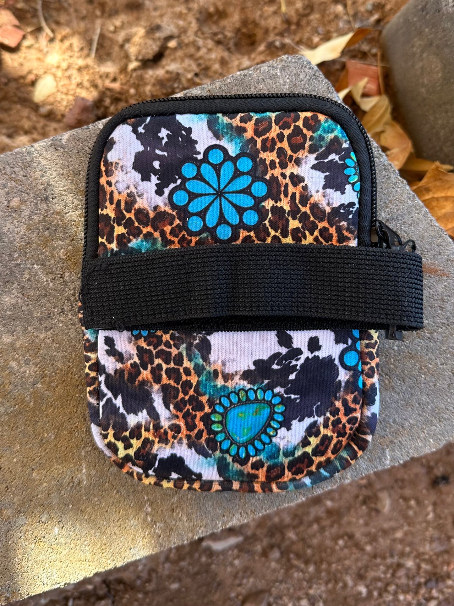 Western tooled leather floral and turquoise butterfly patch tumbler pouch