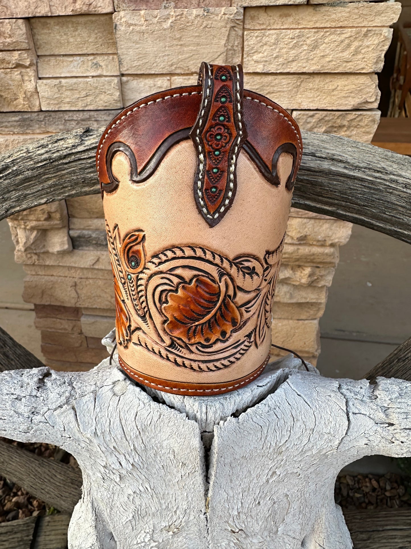 Western tooled leather floral boot pen holder