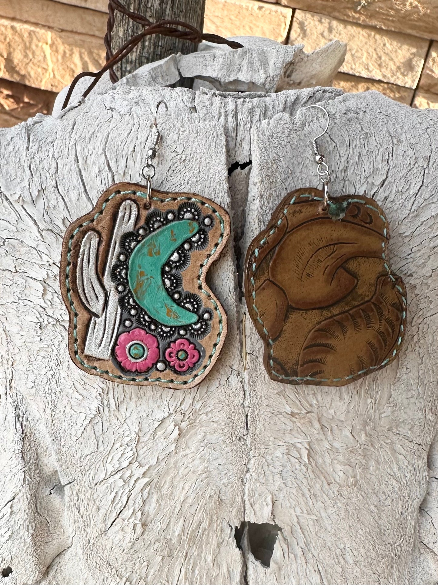 Southwestern tooled leather cactus moon earrings