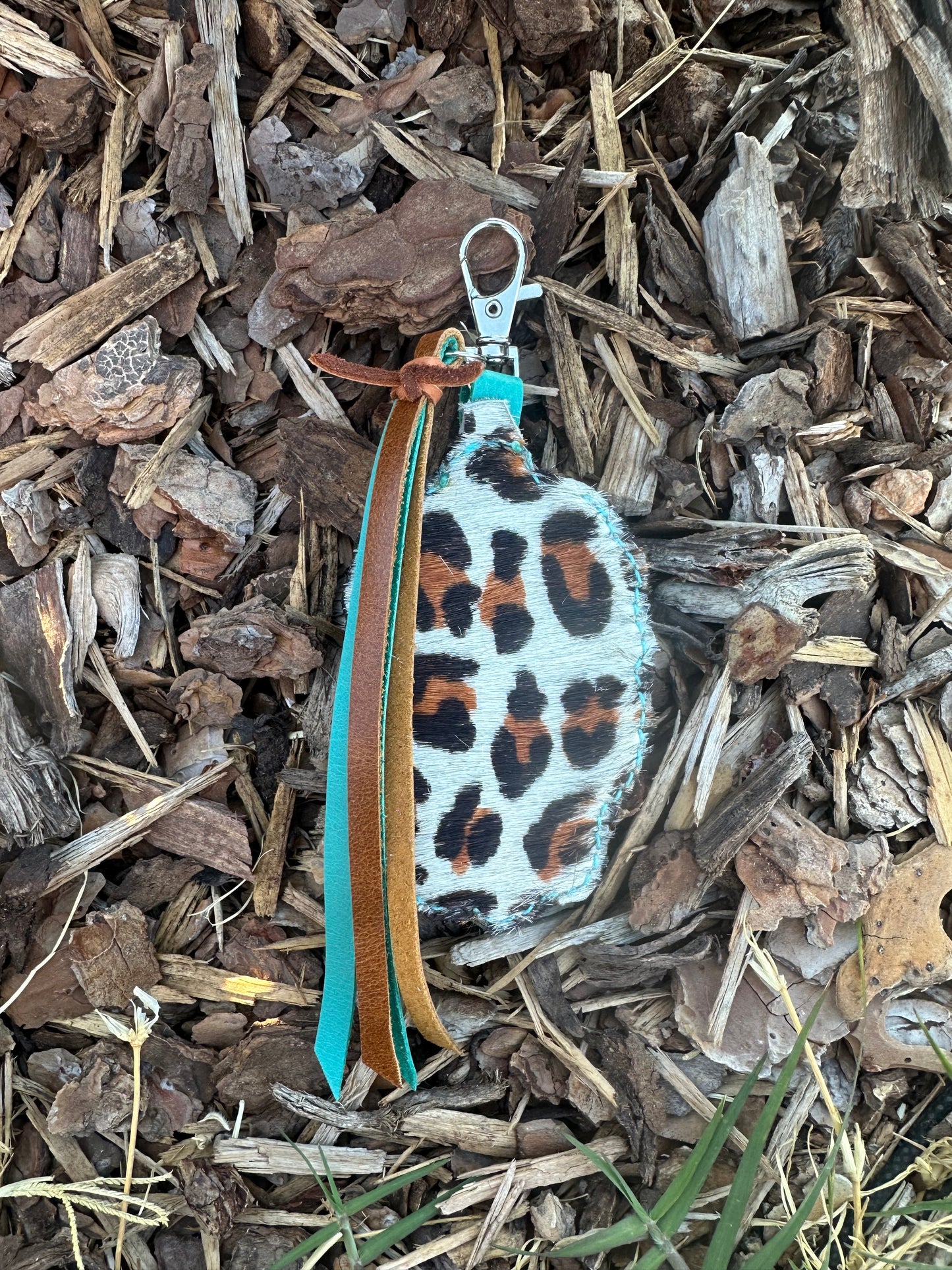 Southwestern tooled leather retro turquoise and cow print keychain