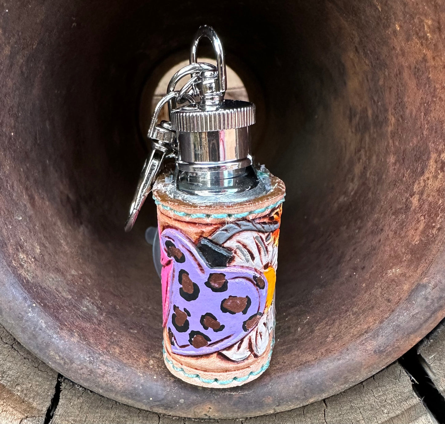Western tooled leather lips, heart bomb, strawberry and turquoise mini keychain flask