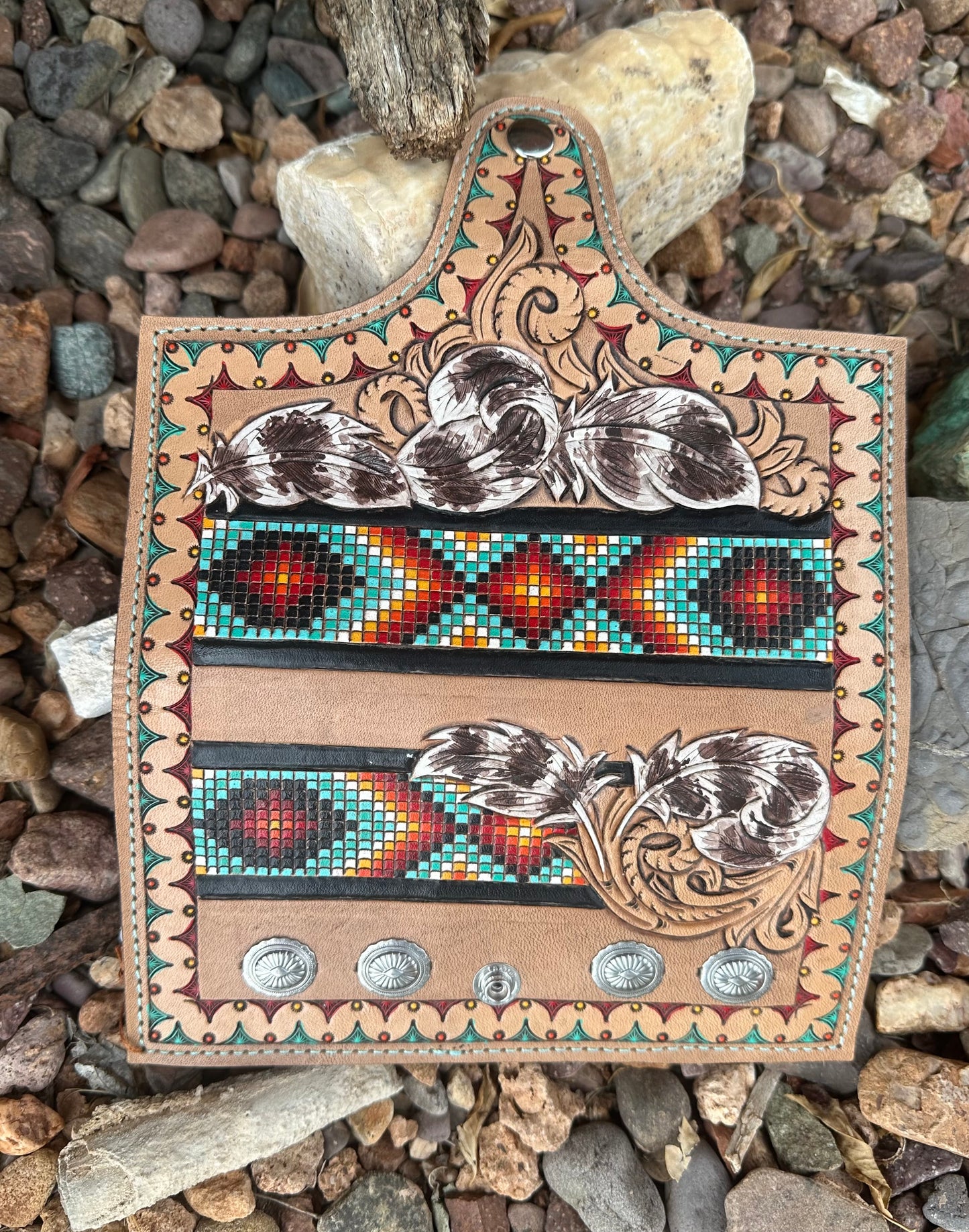 Southwest tooled leather feather and faux beadwork wallet