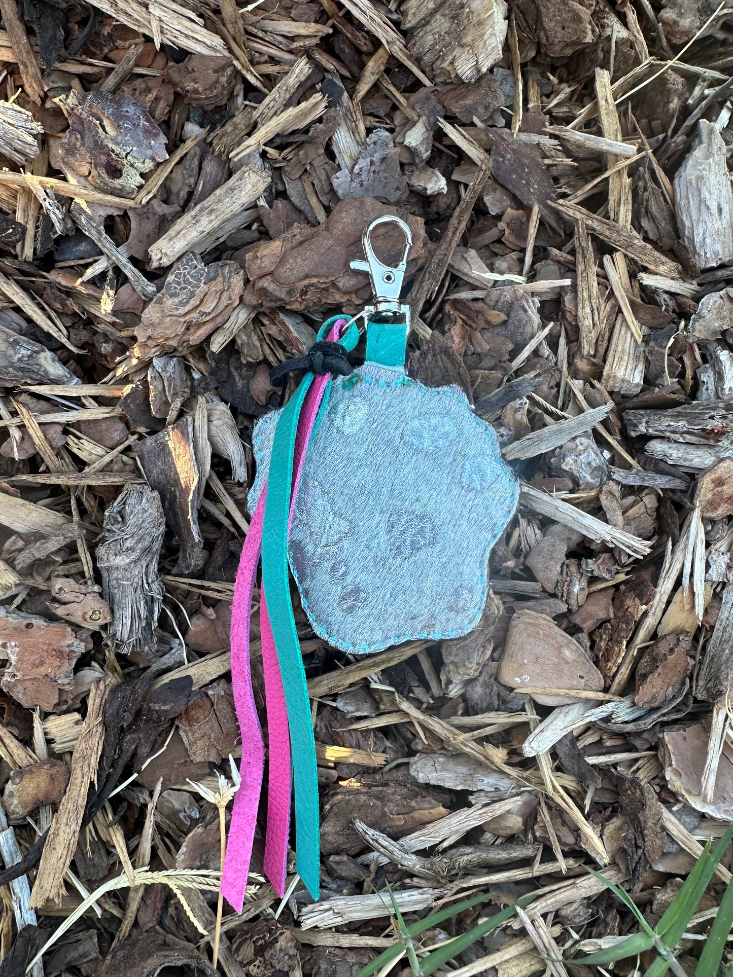 Western tooled leather checkered cow with tag and turquoise keychain