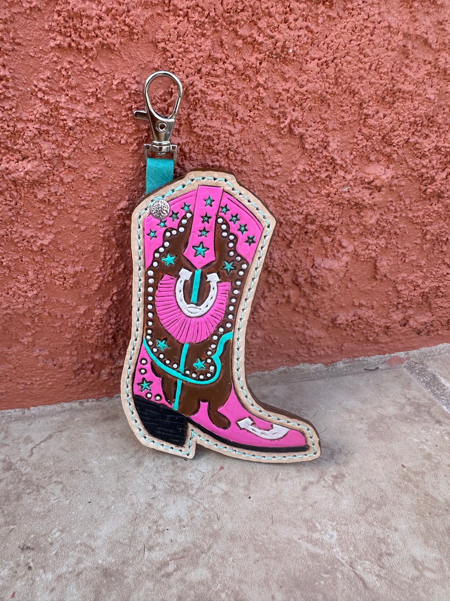 Western tooled leather boot keychain