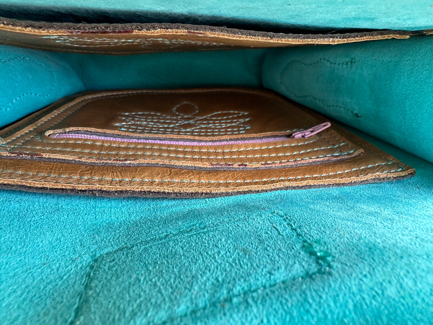 Western tooled leather turquoise, pink and leopard print fringe boot purse