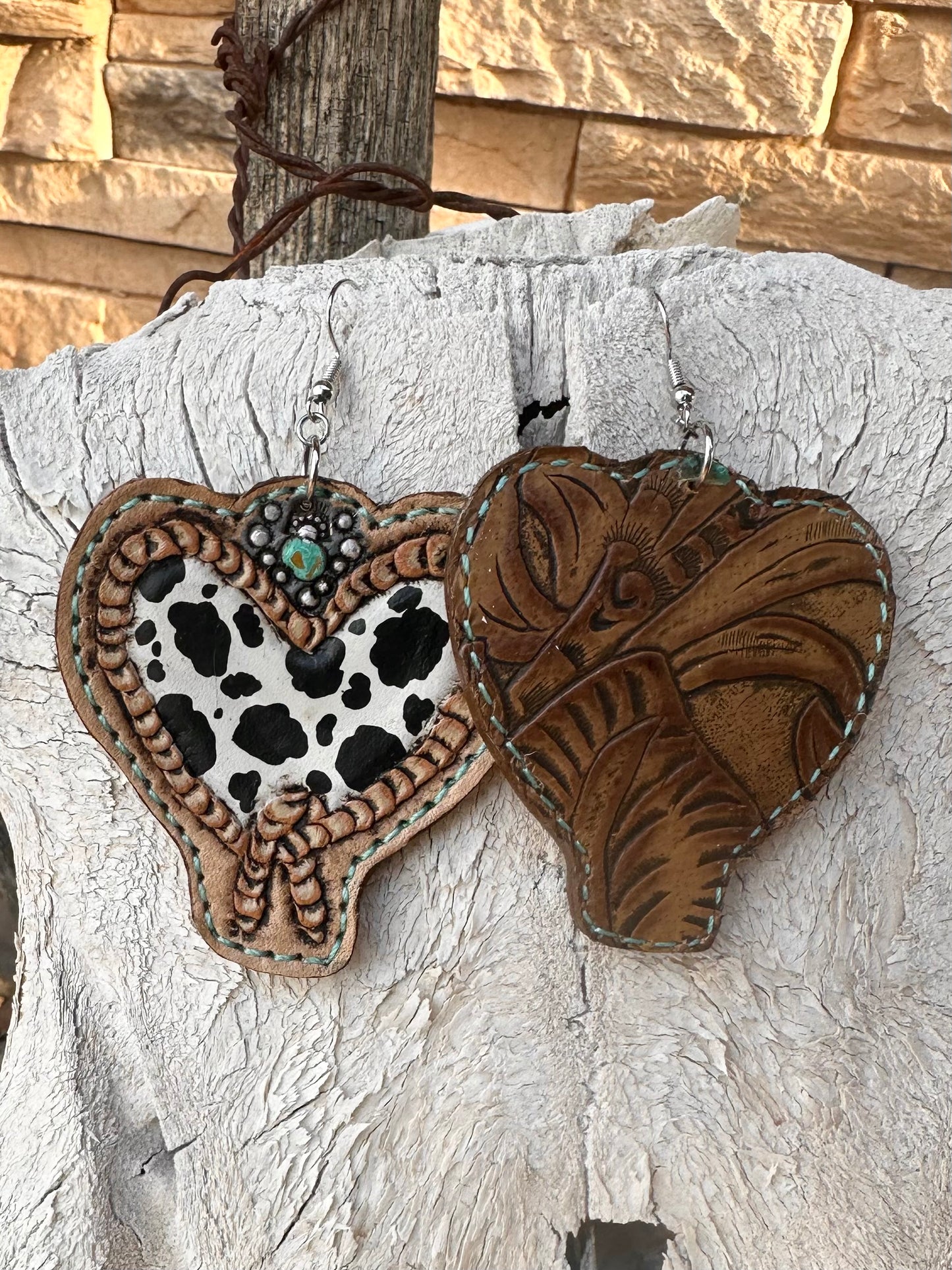 Western tooled leather cow print rope heart earrings