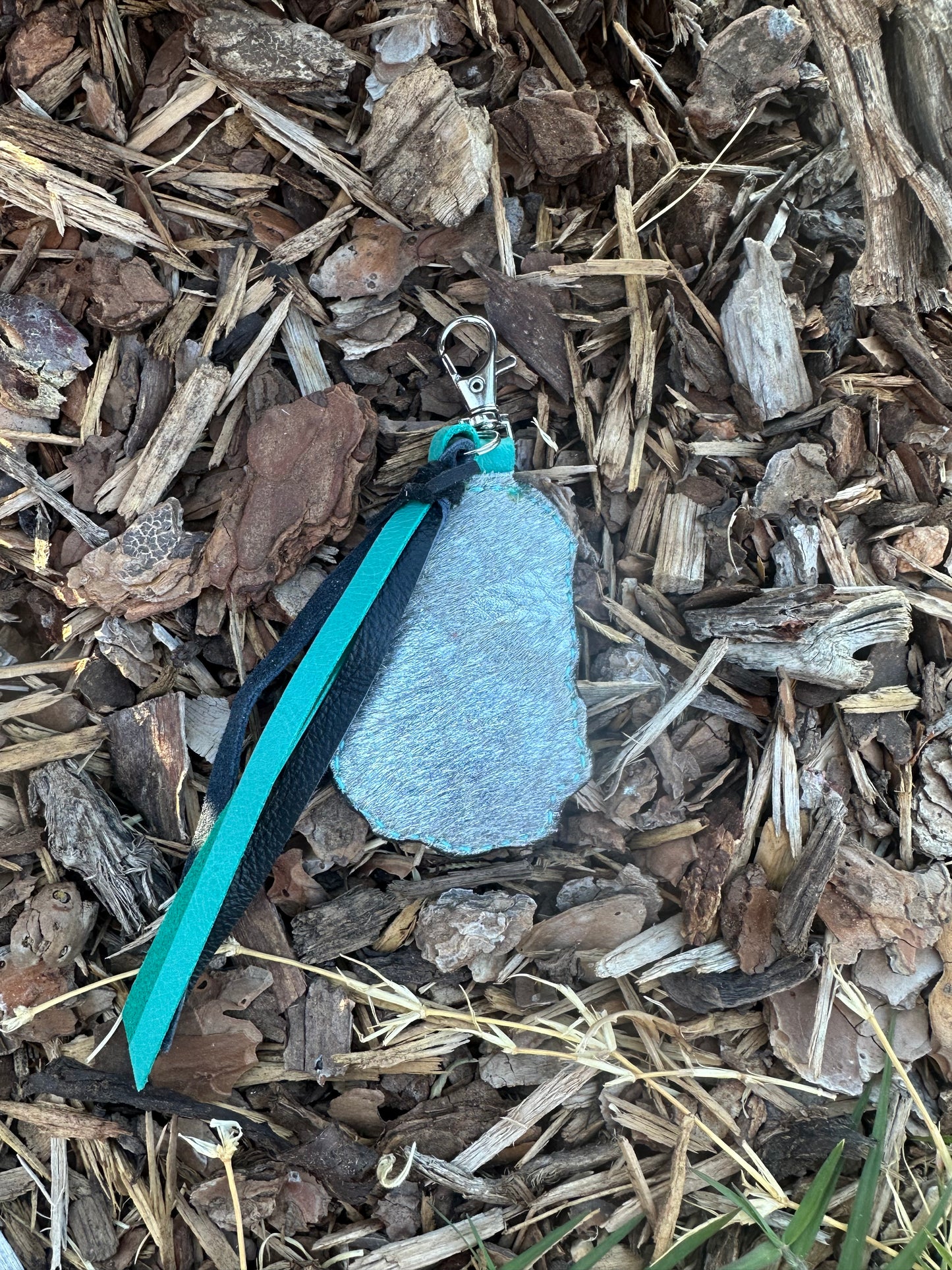western tooled leather flaming dice and turquoise keychain