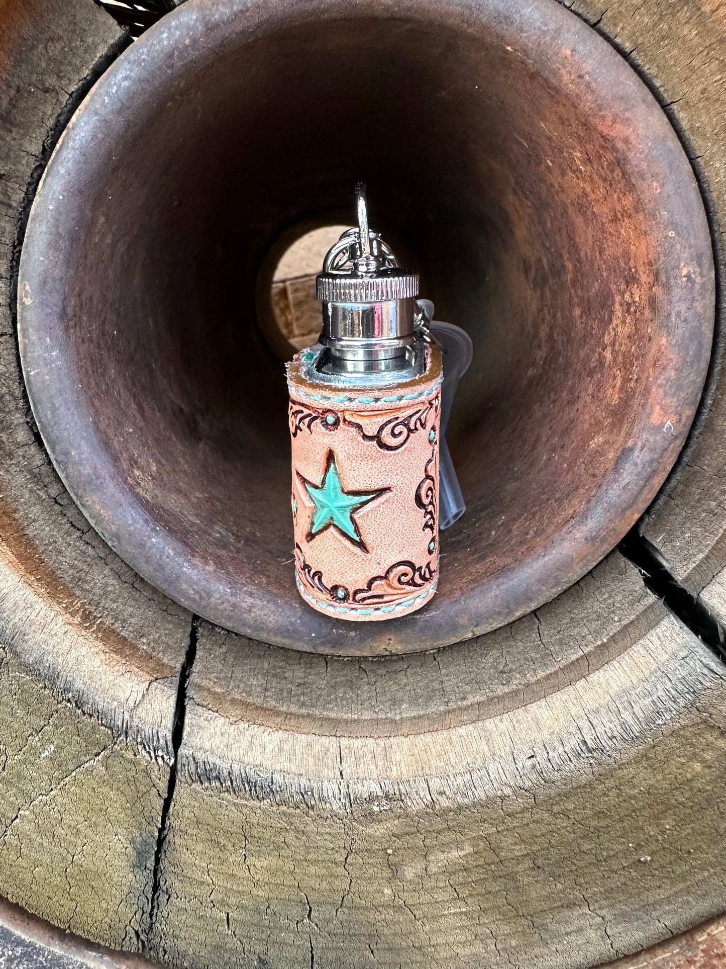 Western tooled leather turquoise star mini keychain flask