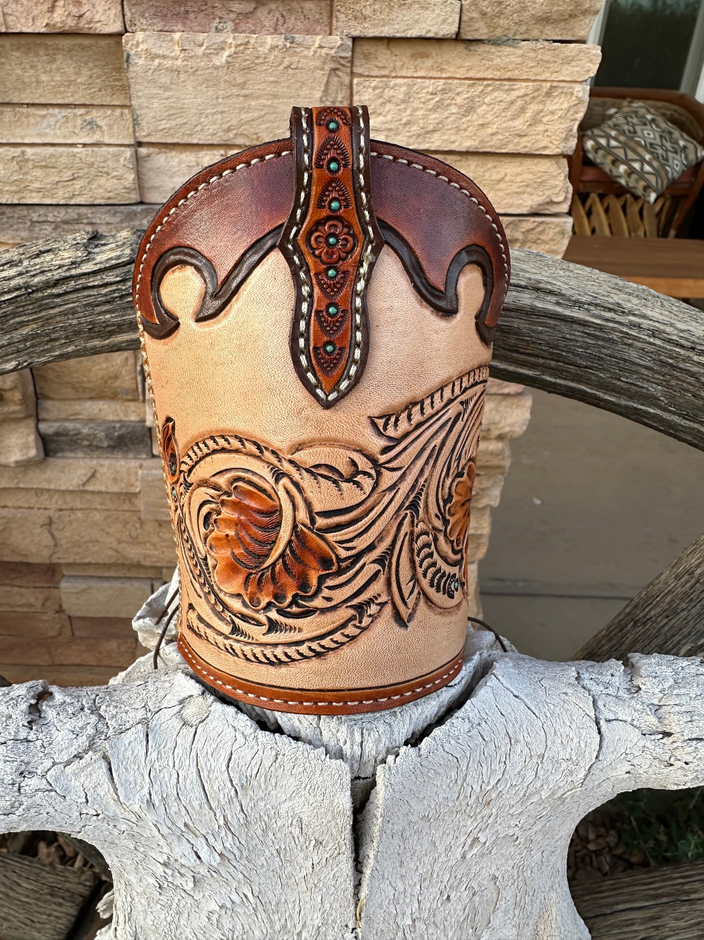 Western tooled leather floral boot pen holder