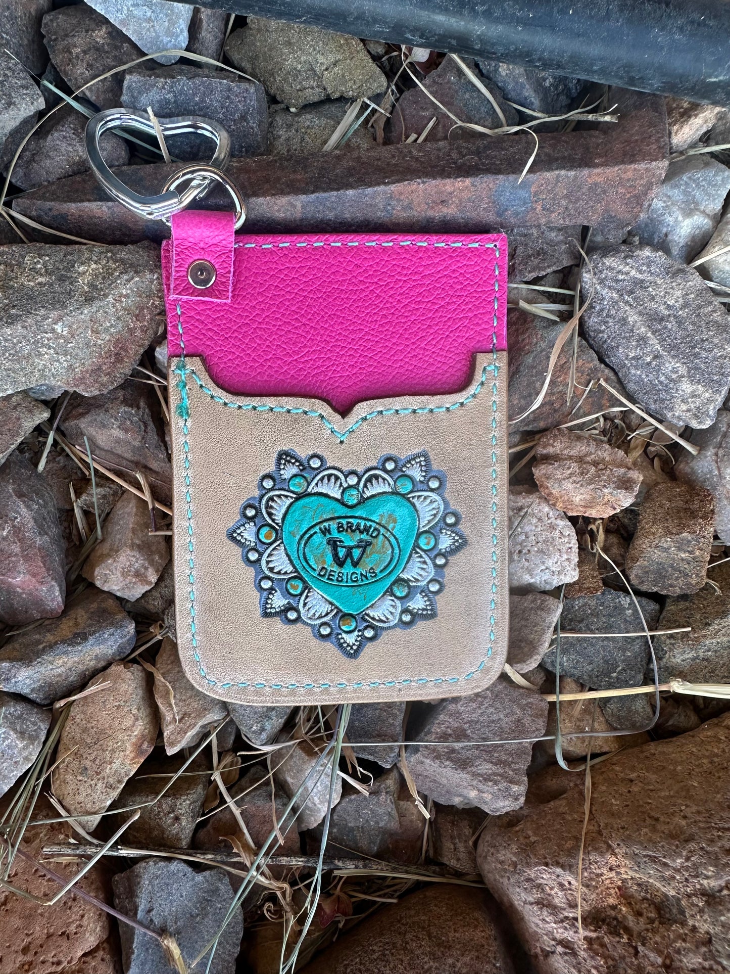 Western tooled leather boot daisy and peace heart card keychain