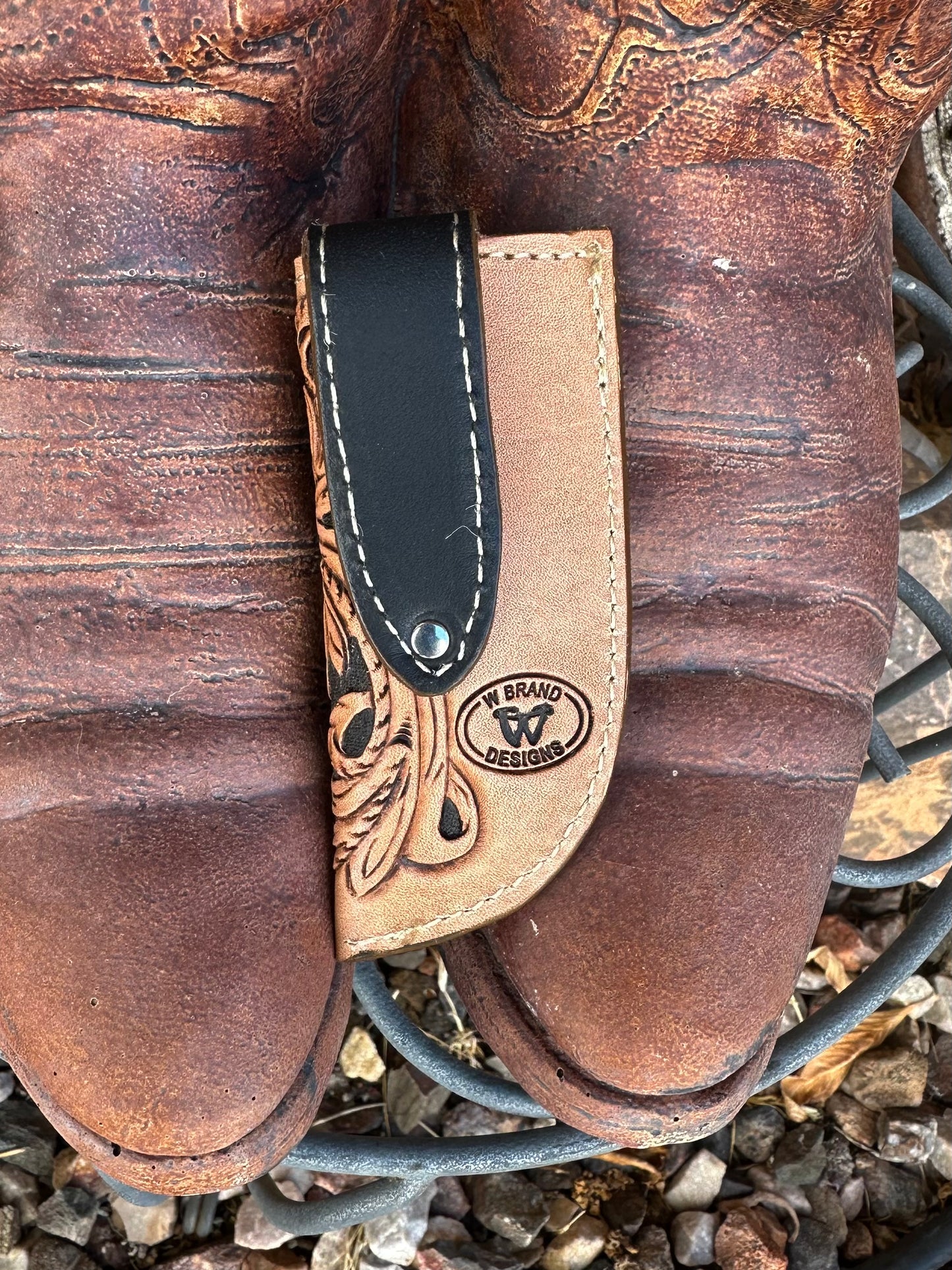 Western tooled leather skeleton hand and desert card knife sheath