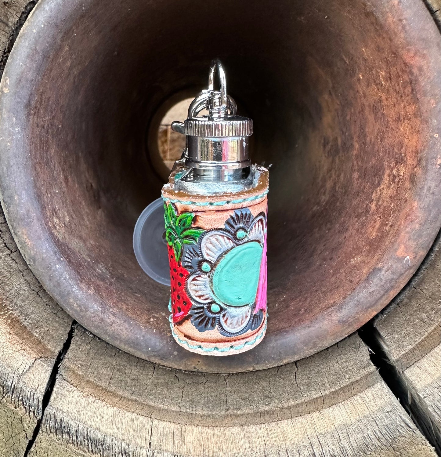 Western tooled leather lips, heart bomb, strawberry and turquoise mini keychain flask