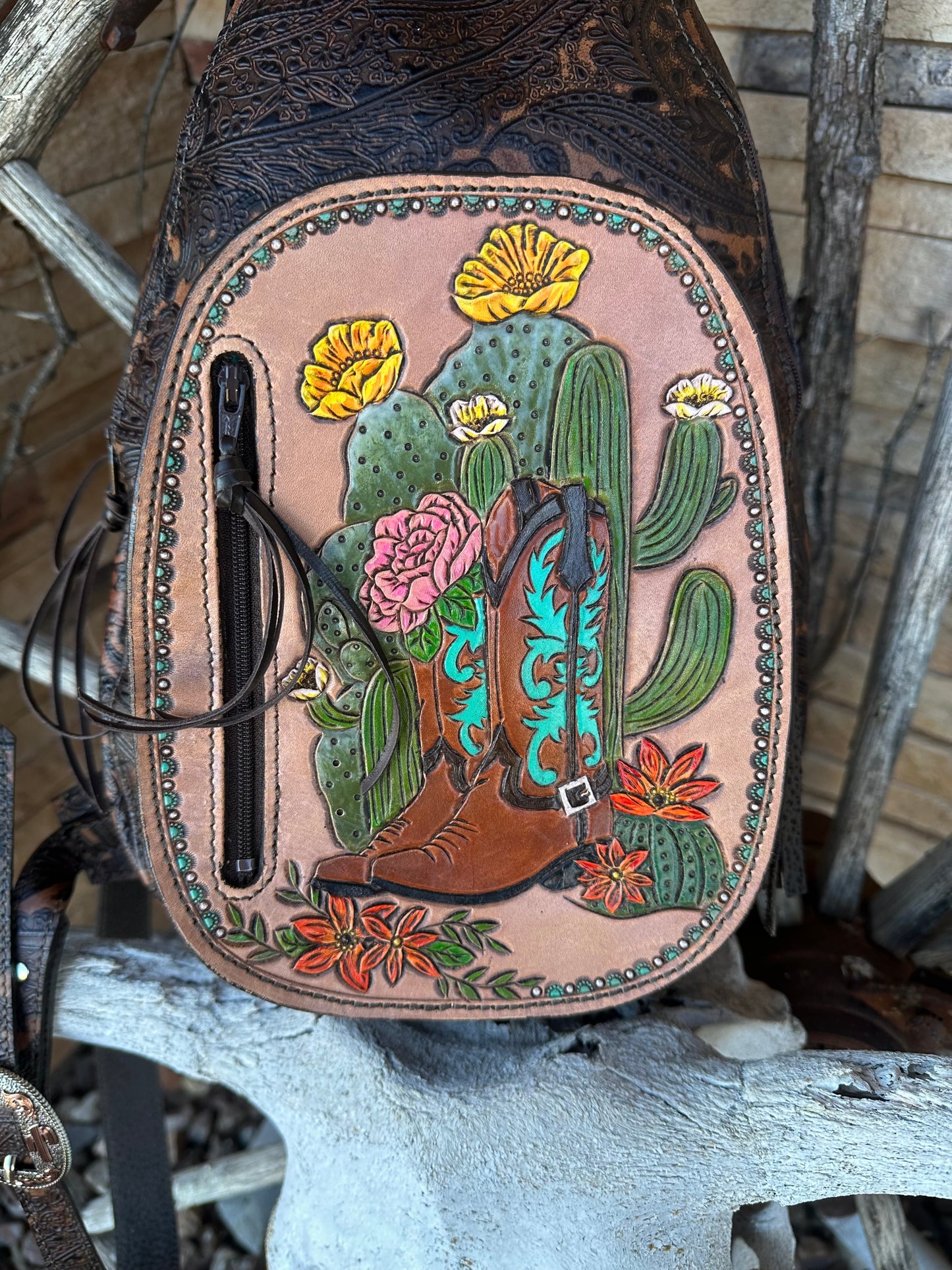 Western tooled leather cactus boots sling bag
