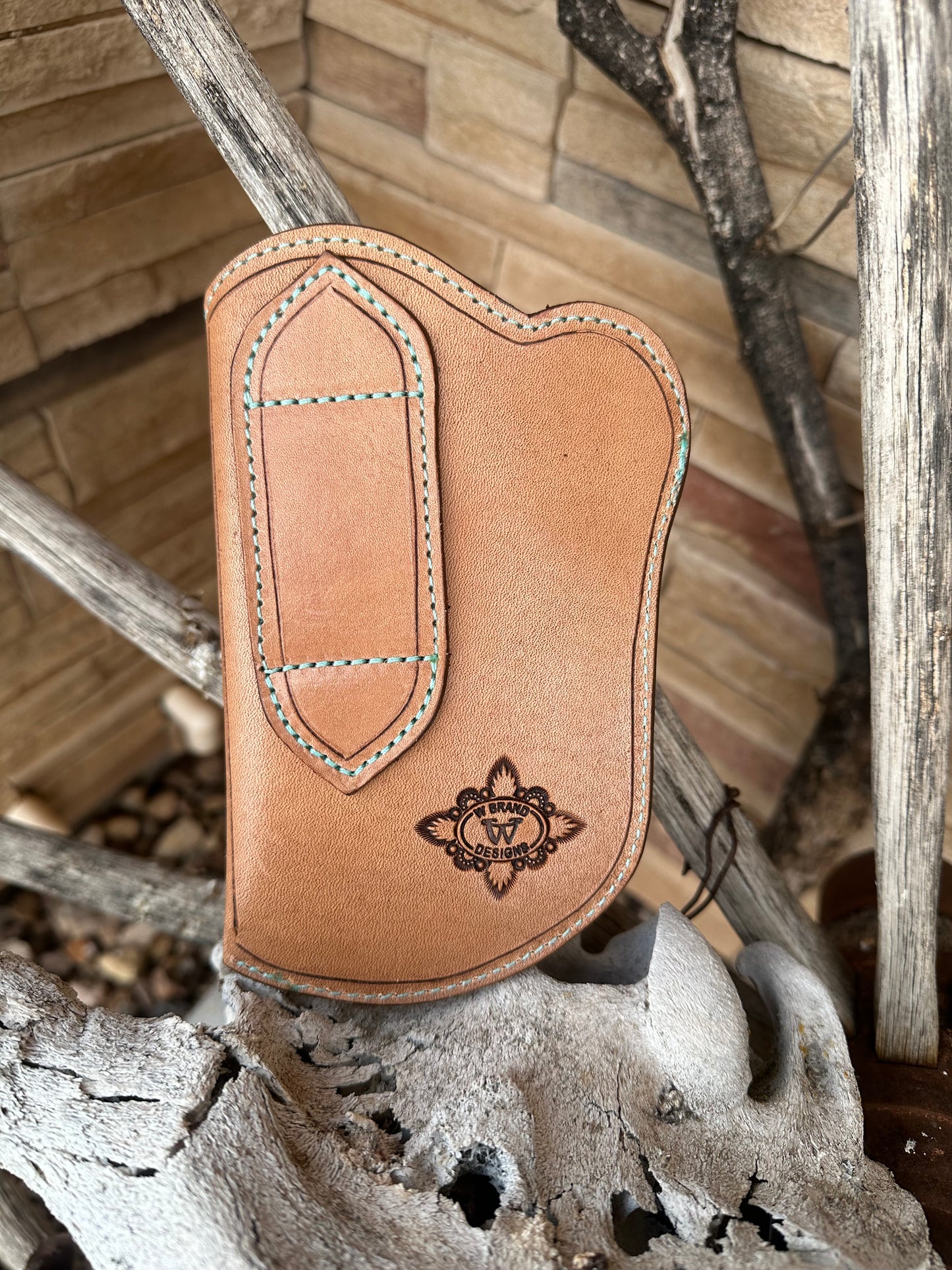 Western tooled leather floral and basket weave cellphone holster small