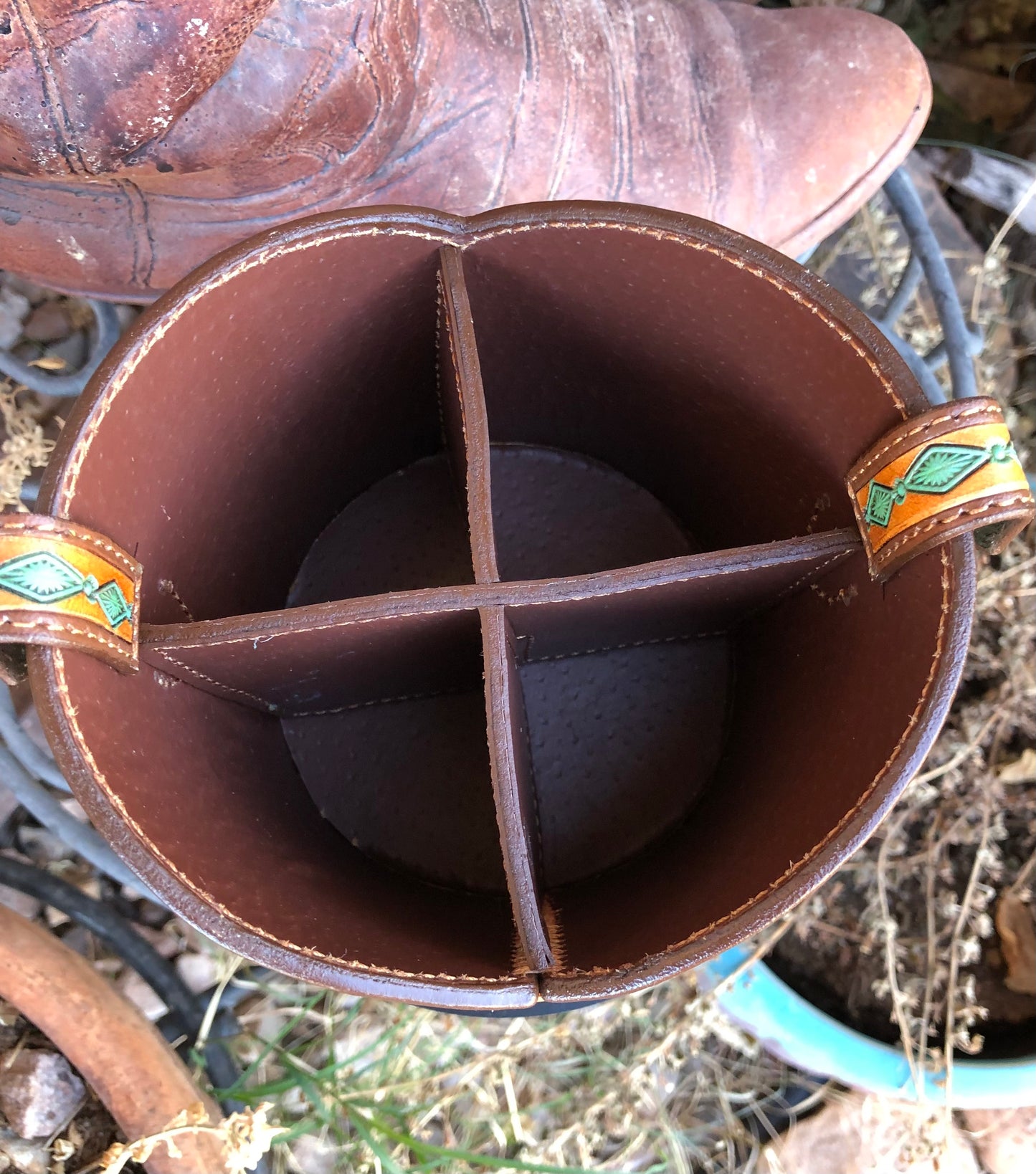 Western tooled leather turquoise and brown boot desk caddy