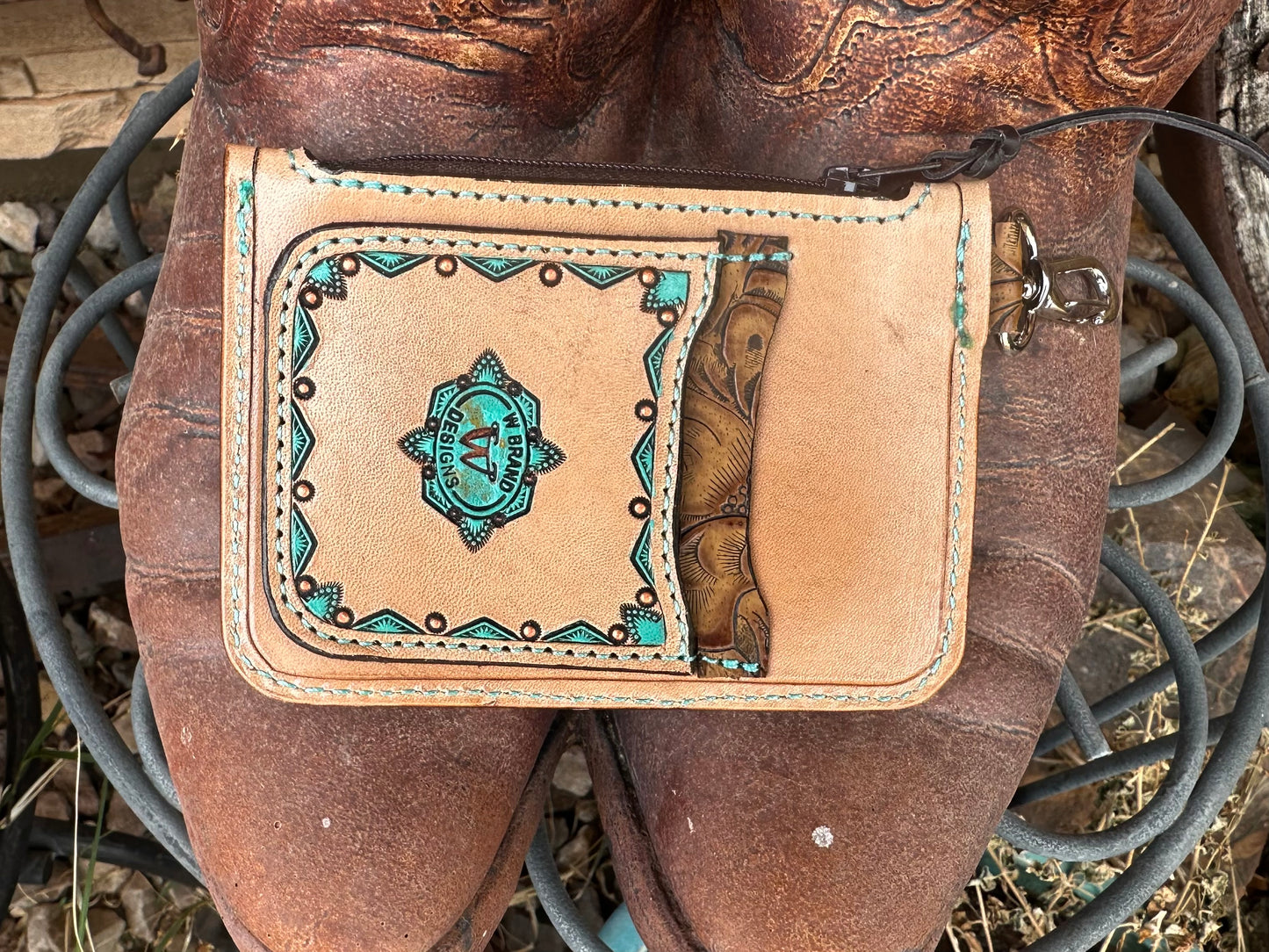 Southwestern tooled leather turquoise and copper floral zipper card wallets