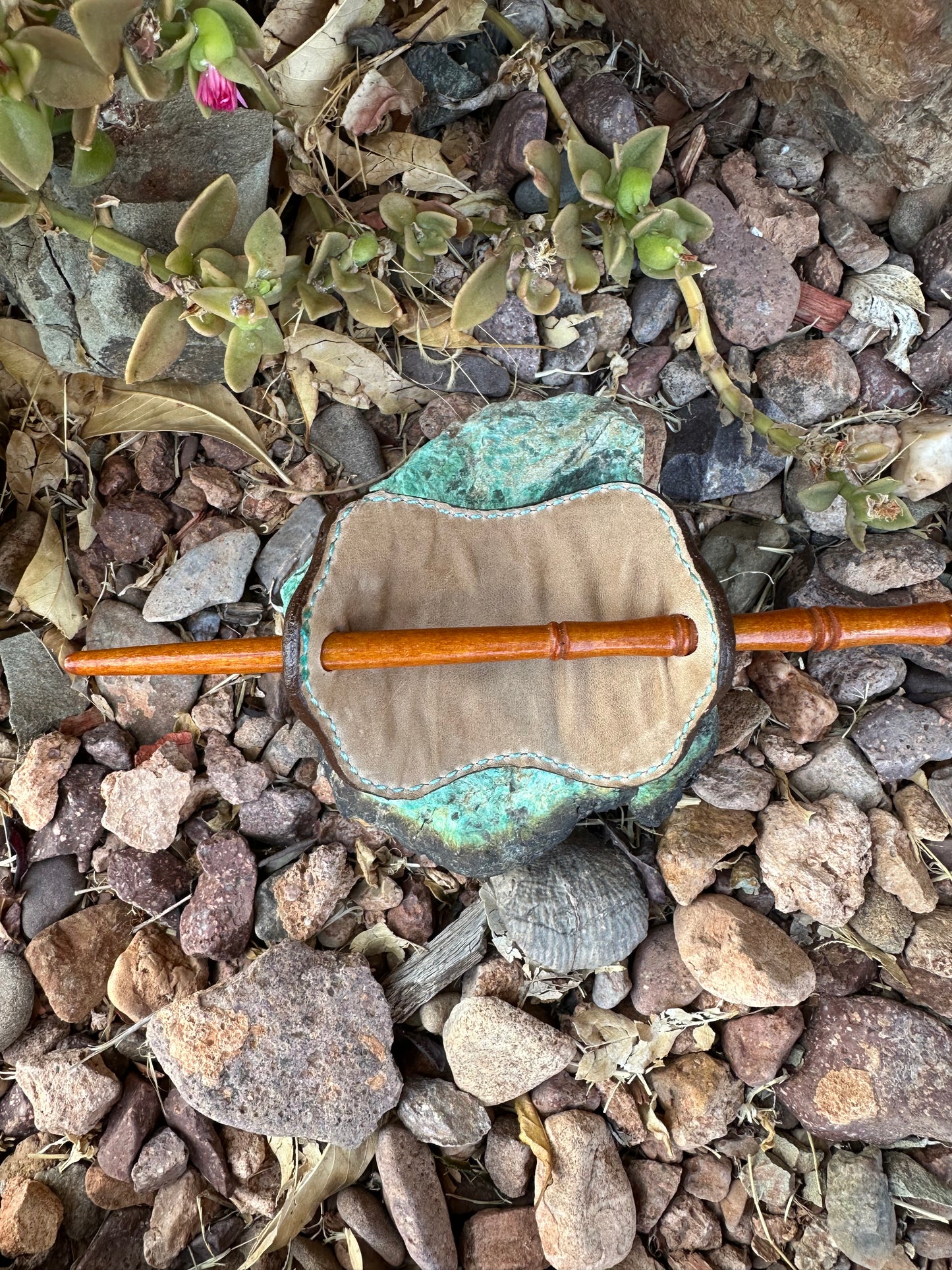Western tooled leather spade and turquoise stick barrette