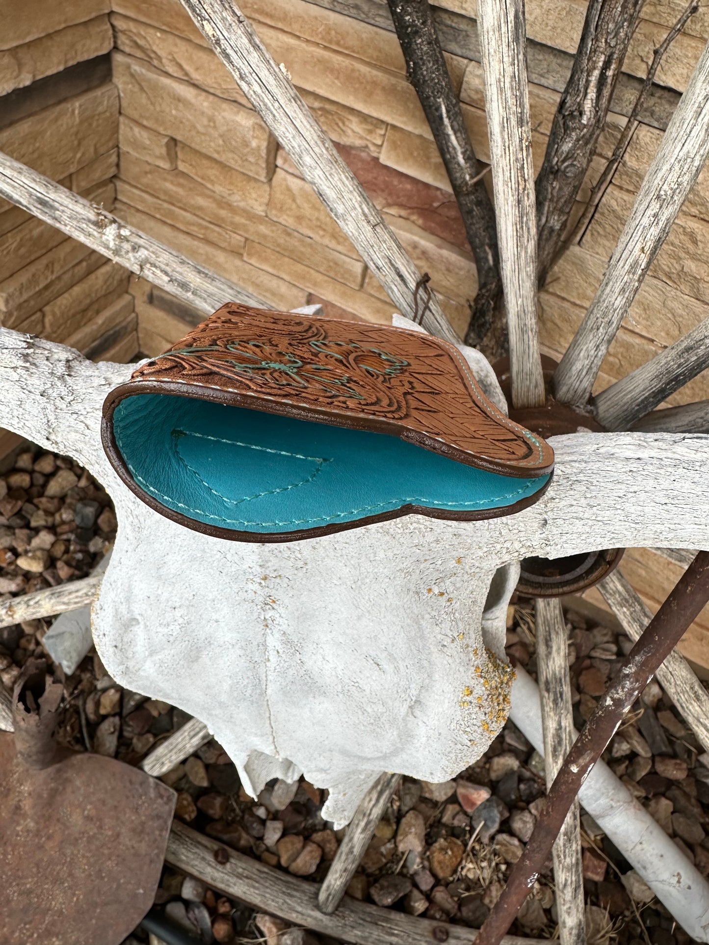 Western tooled leather floral and basket weave cellphone holster small