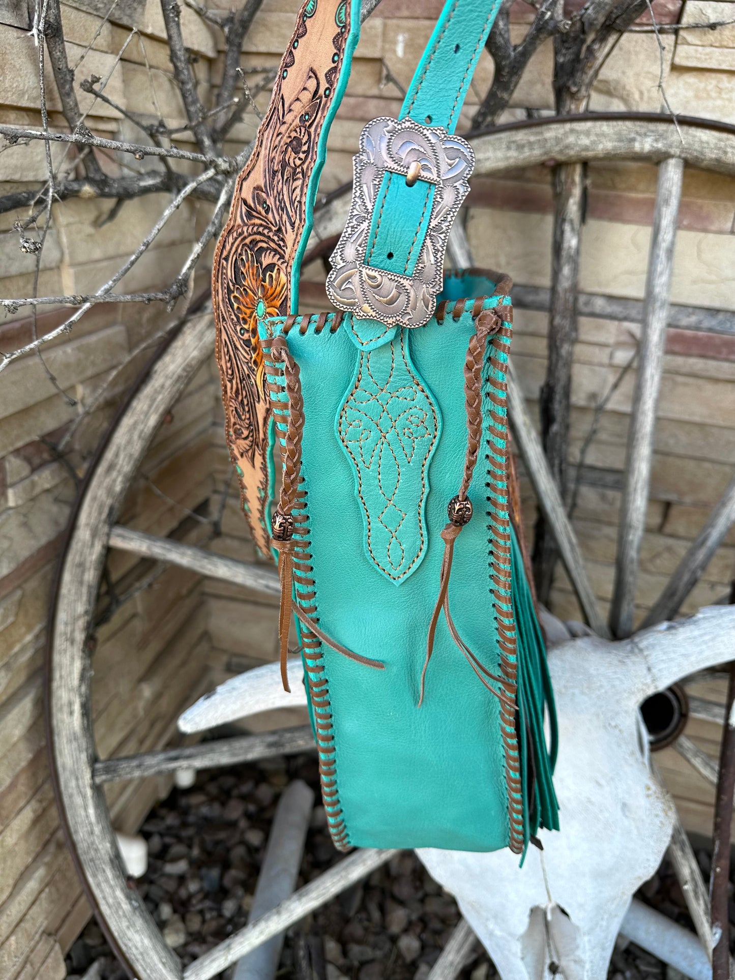 Western tooled leather floral chaps fringe bag