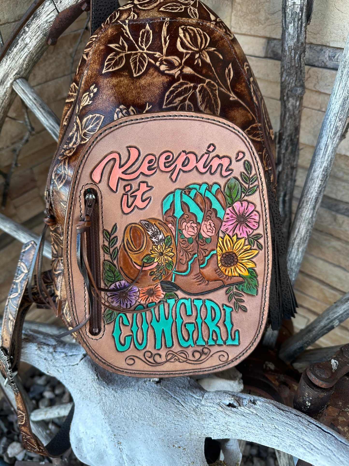 Western tooled leather Keepin it Cowgirl sling bag