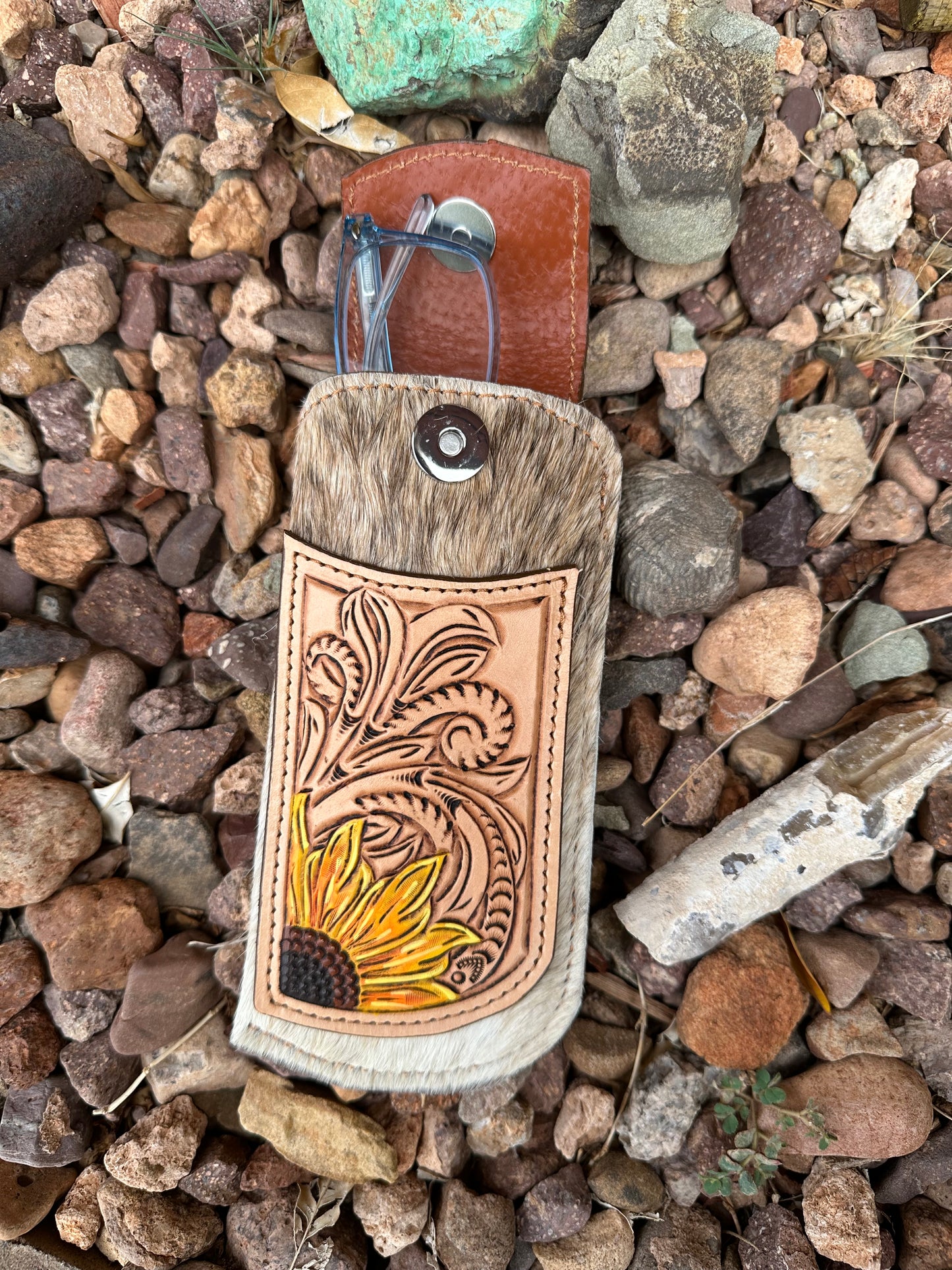 Western leather sunflower eye glass case