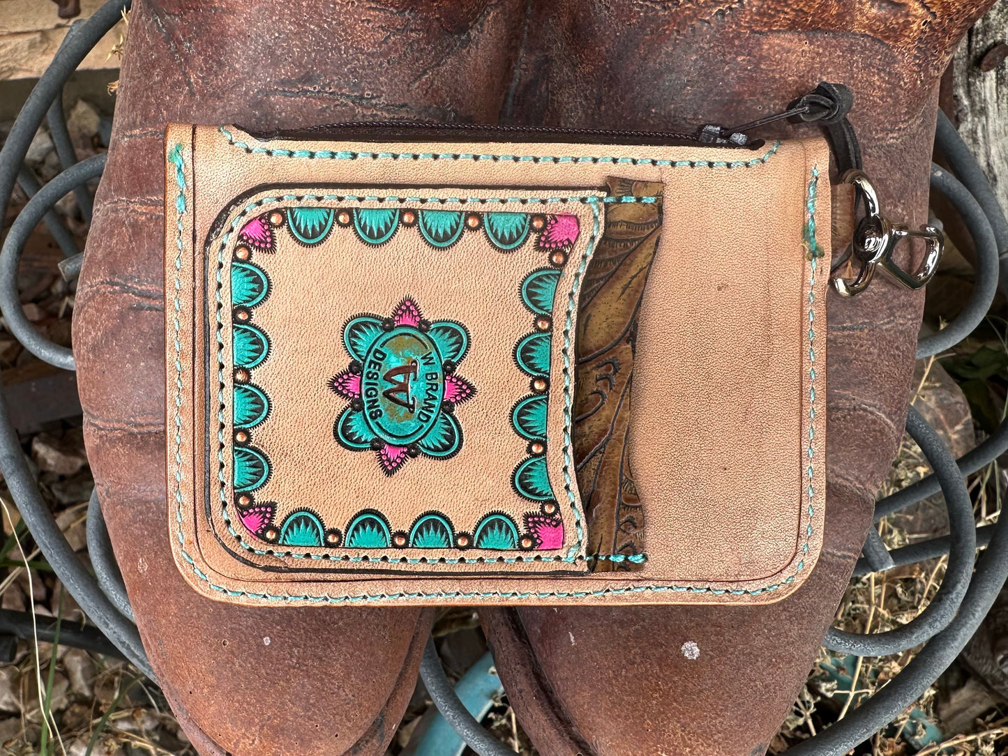 Western tooled leather turquoise prickly pear cactus zipper card wallets