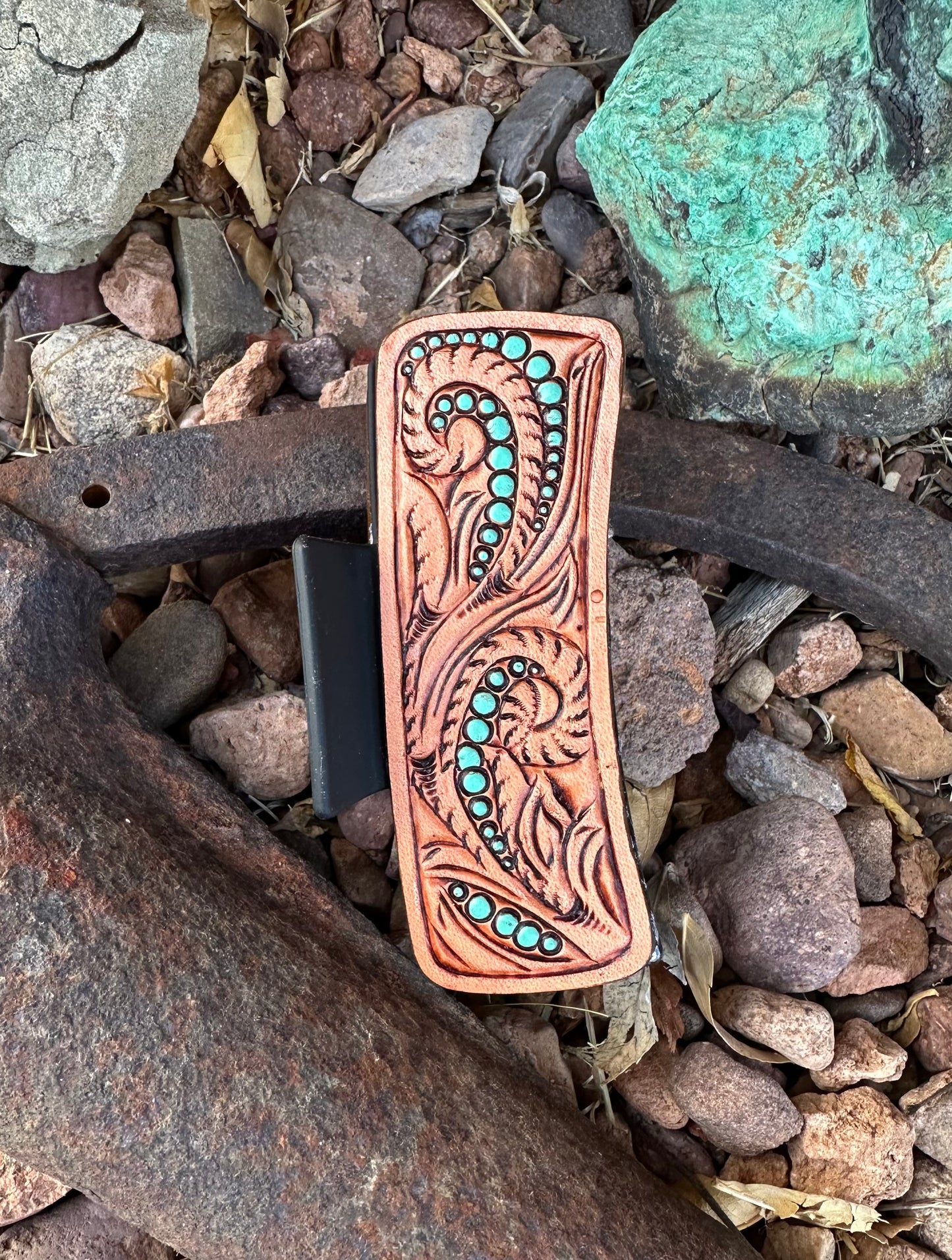 Western tooled leather scroll and turquoise large claw clip