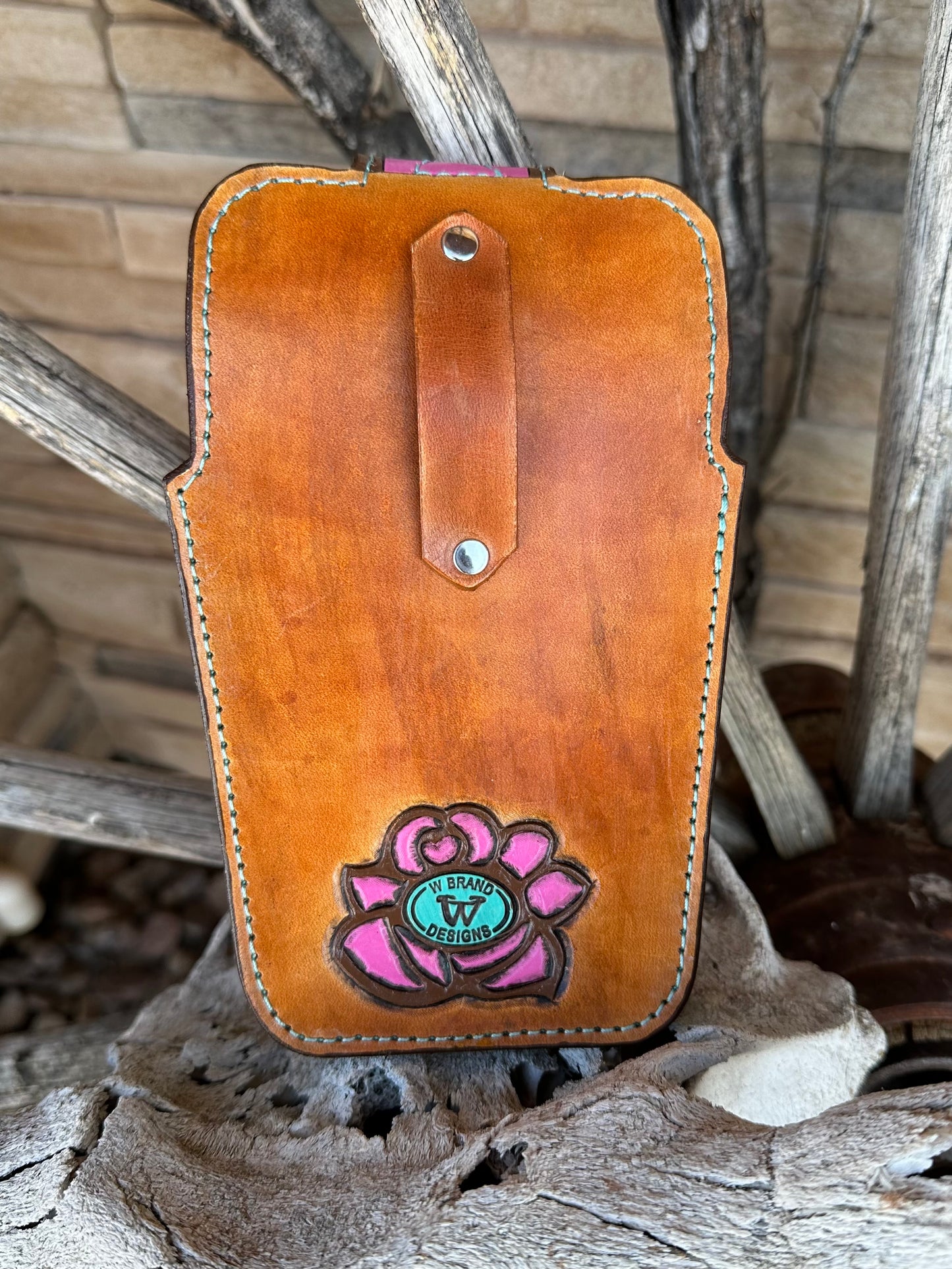 Western tooled leather rose belt cell phone case