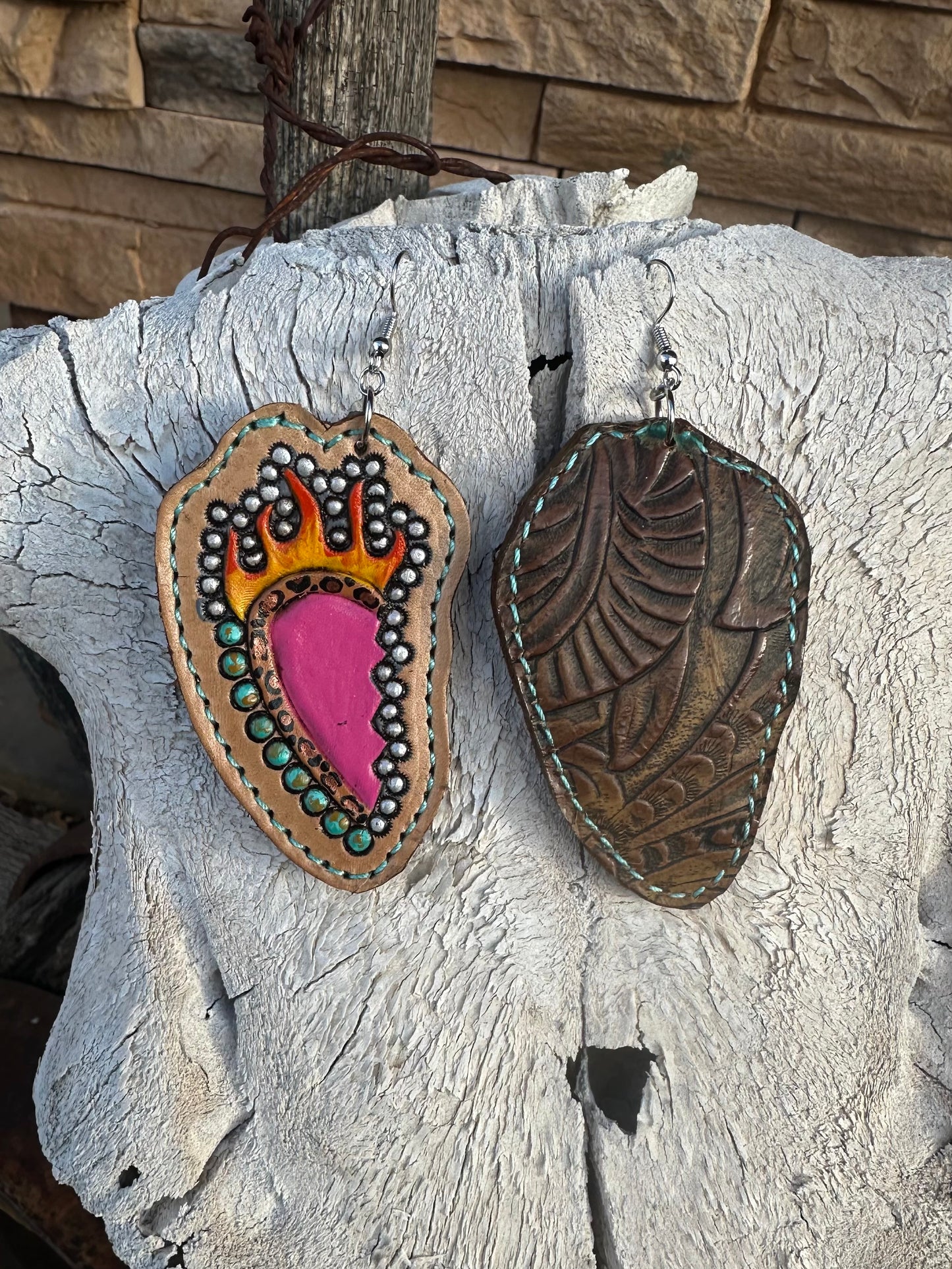 Western tooled leather flaming broken heart earrings