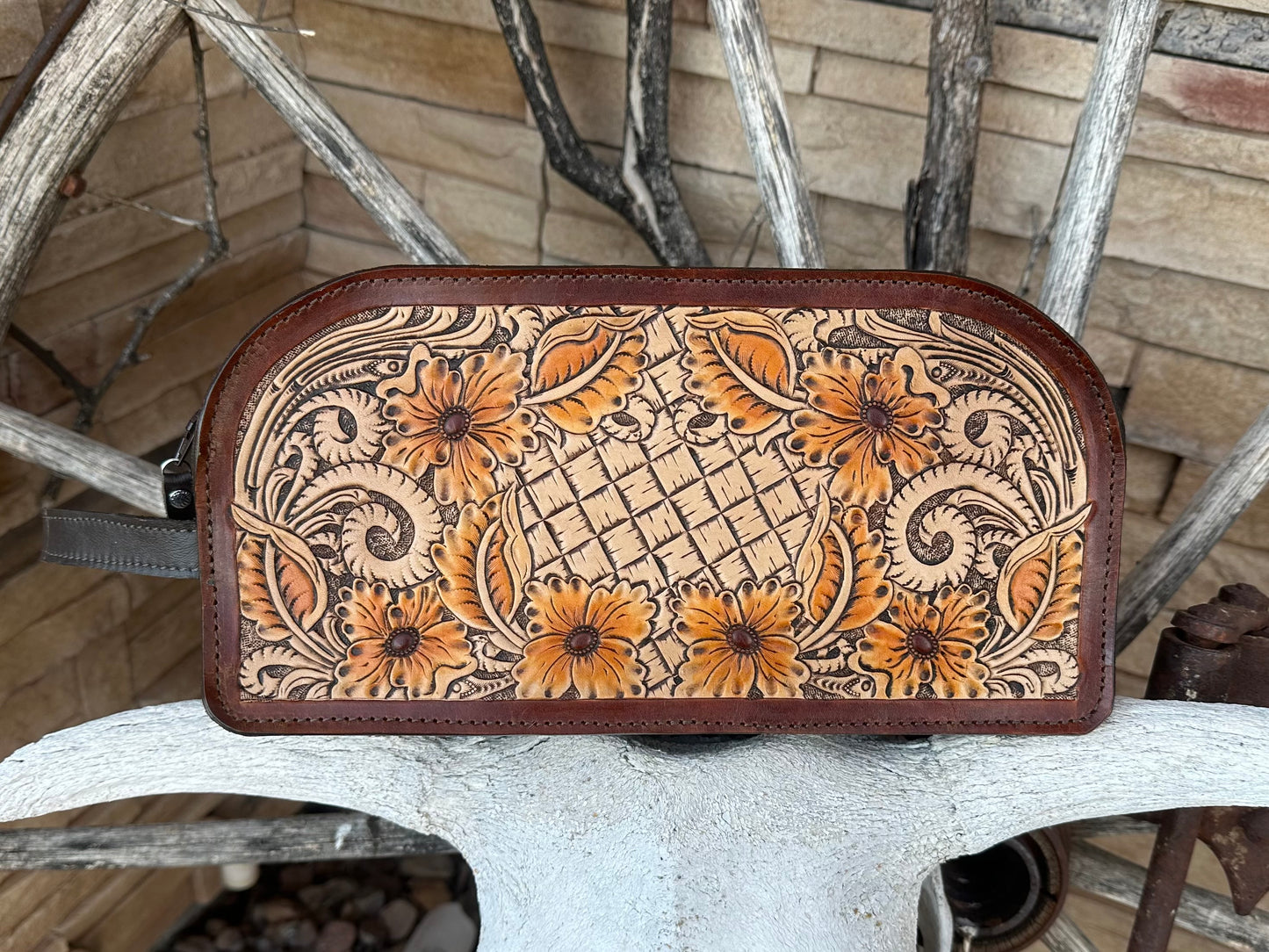 Western tooled floral shaving bag