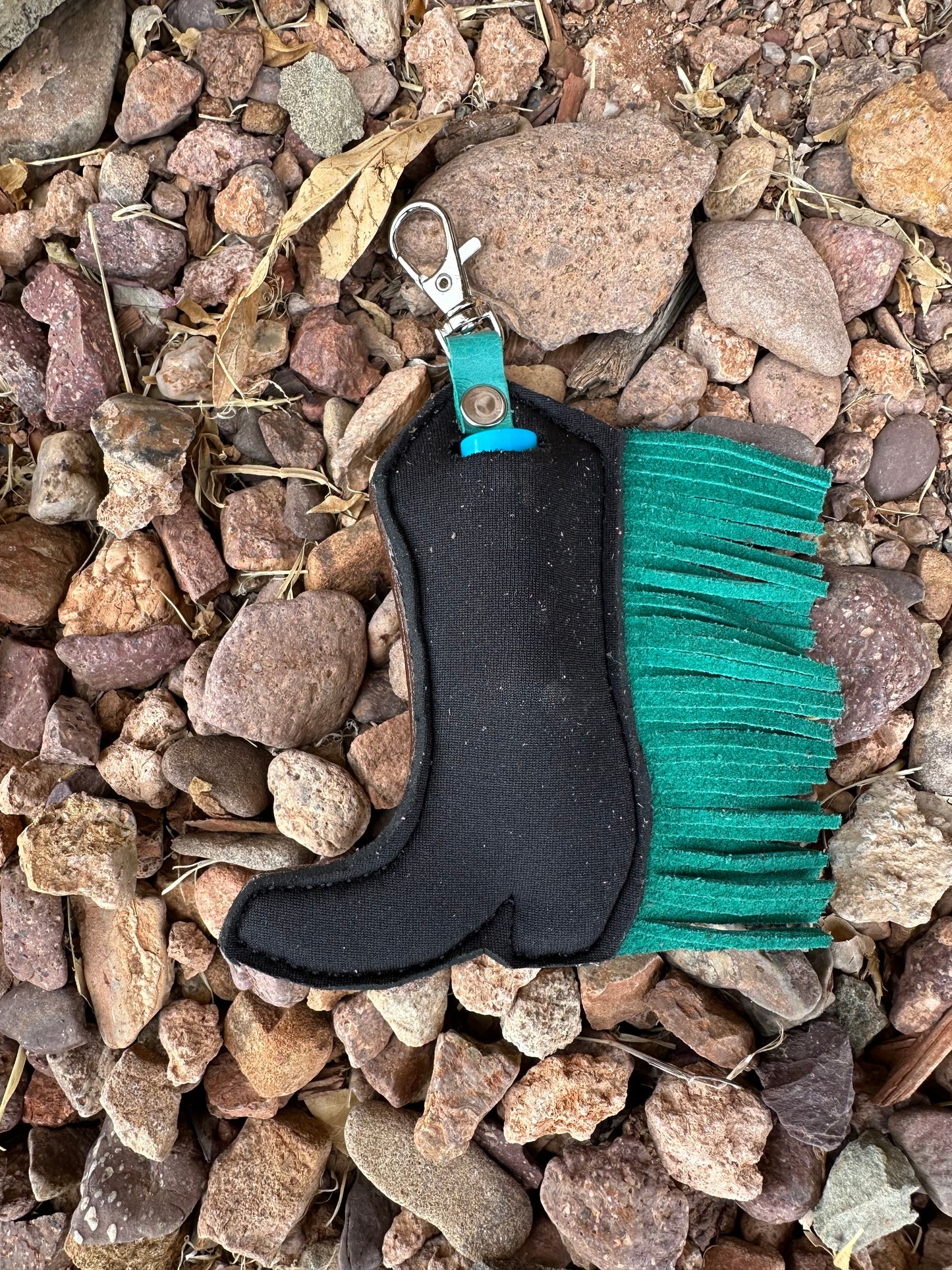 Western tooled leather turquoise lightning bolt and checkered paint fringe boot chapstick keychain