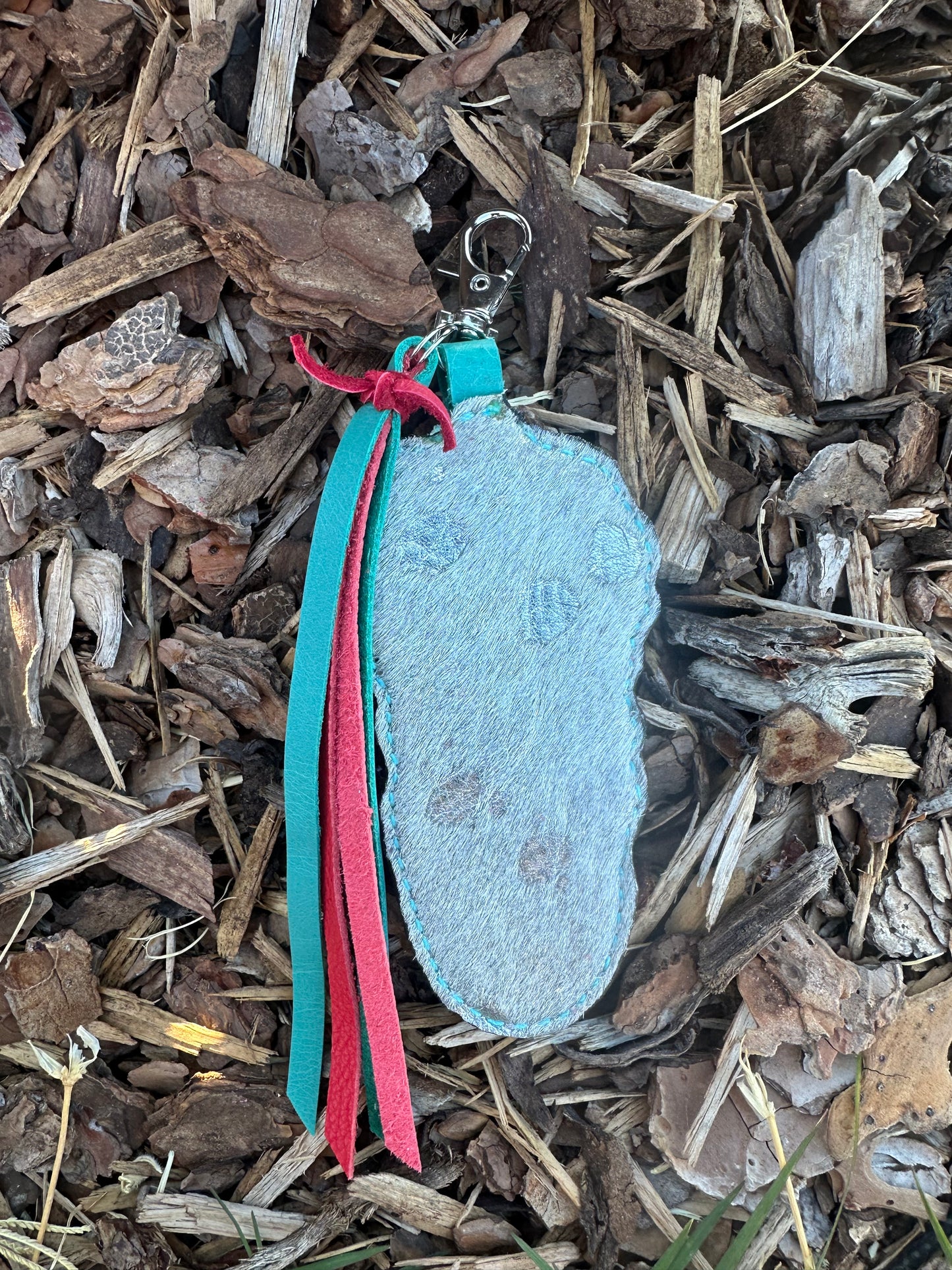 Southwestern tooled leather red and turquoise feather keychain