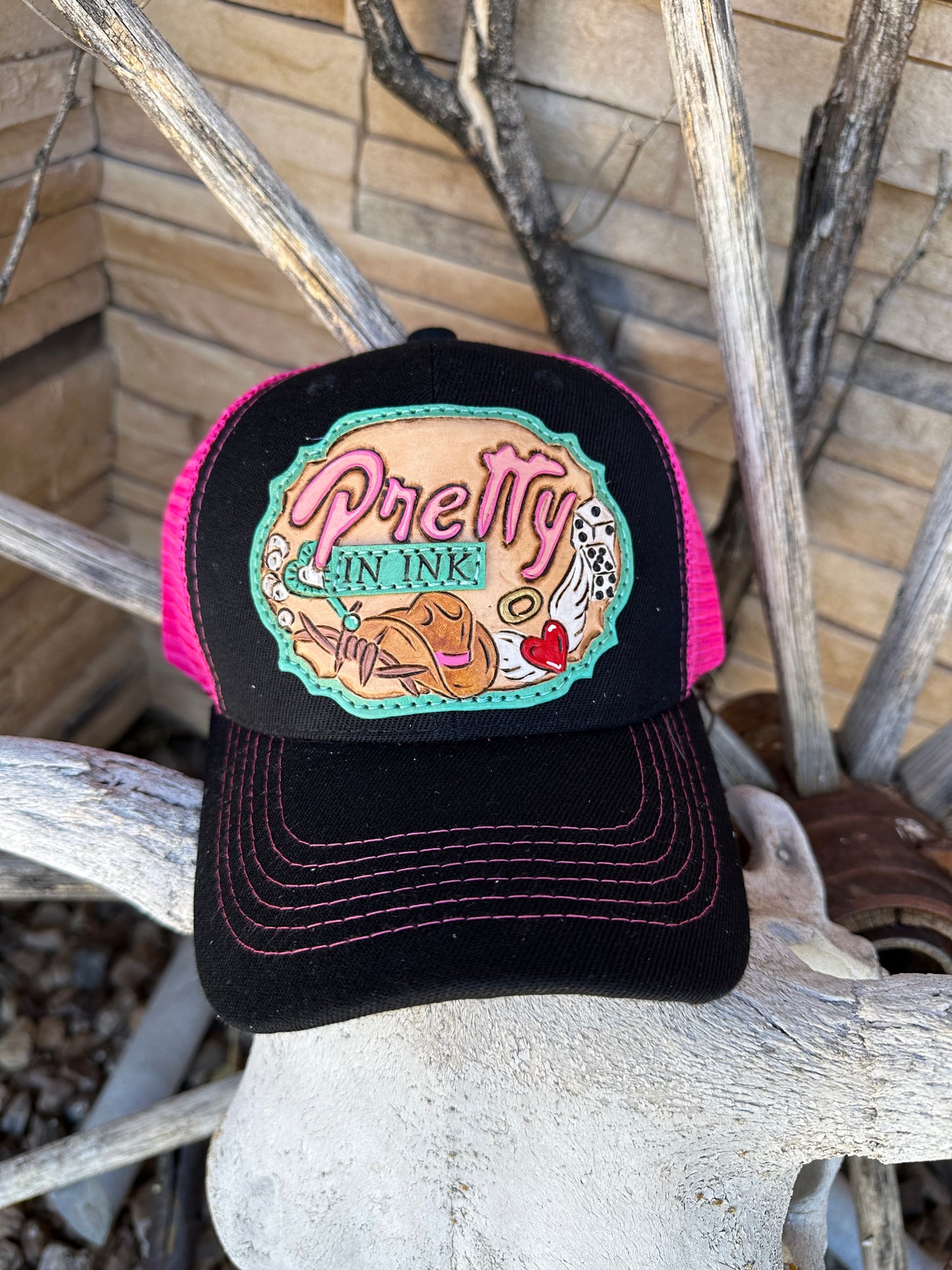Western tooled leather Pretty in Ink patch cap
