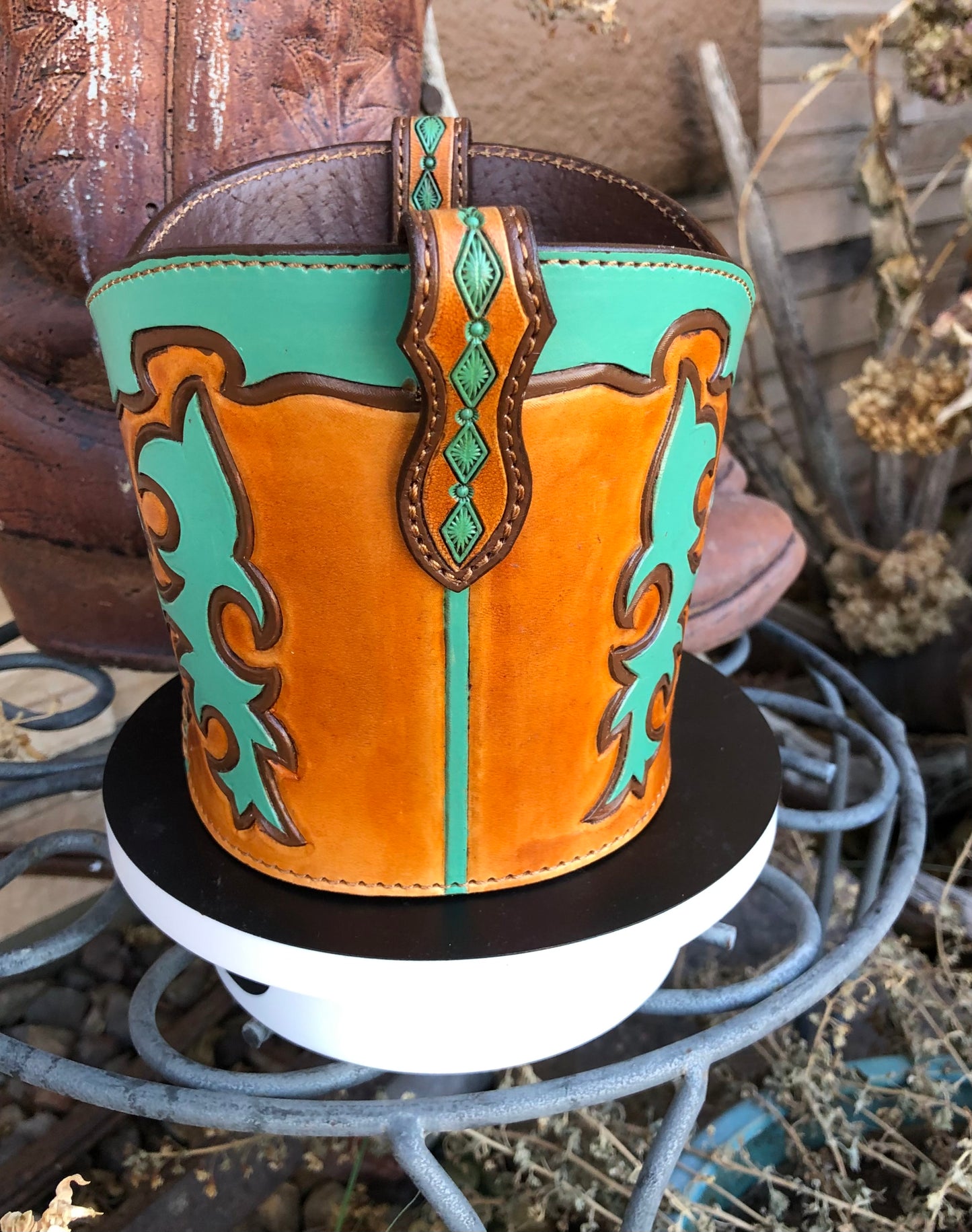 Western tooled leather turquoise and brown boot desk caddy