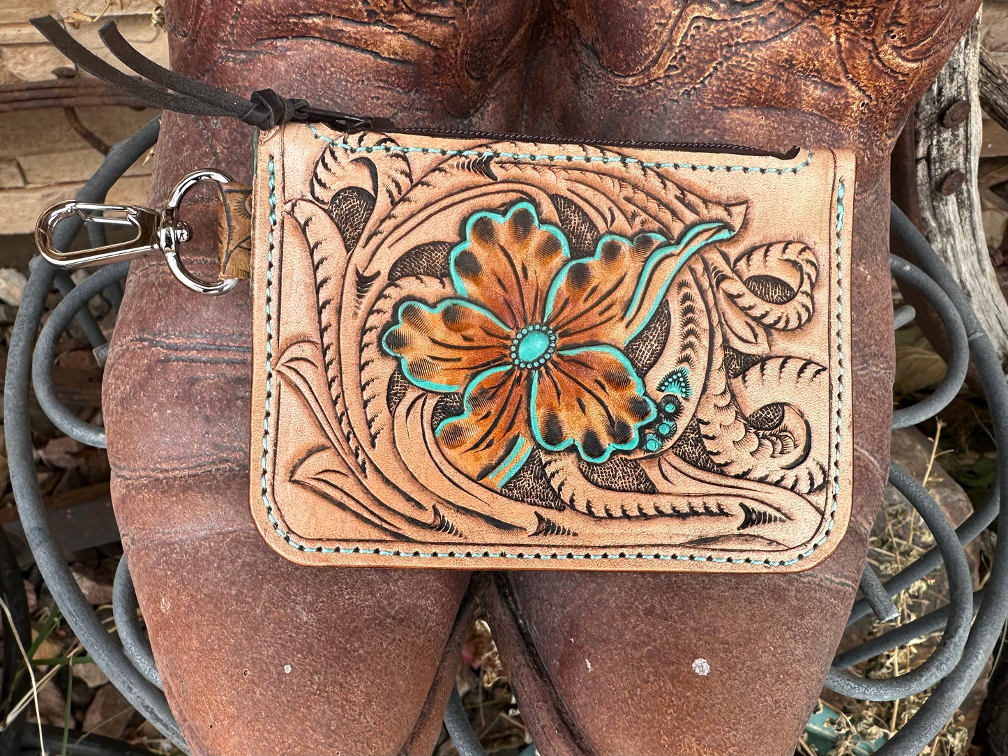 Western tooled leather floral zipper card wallet
