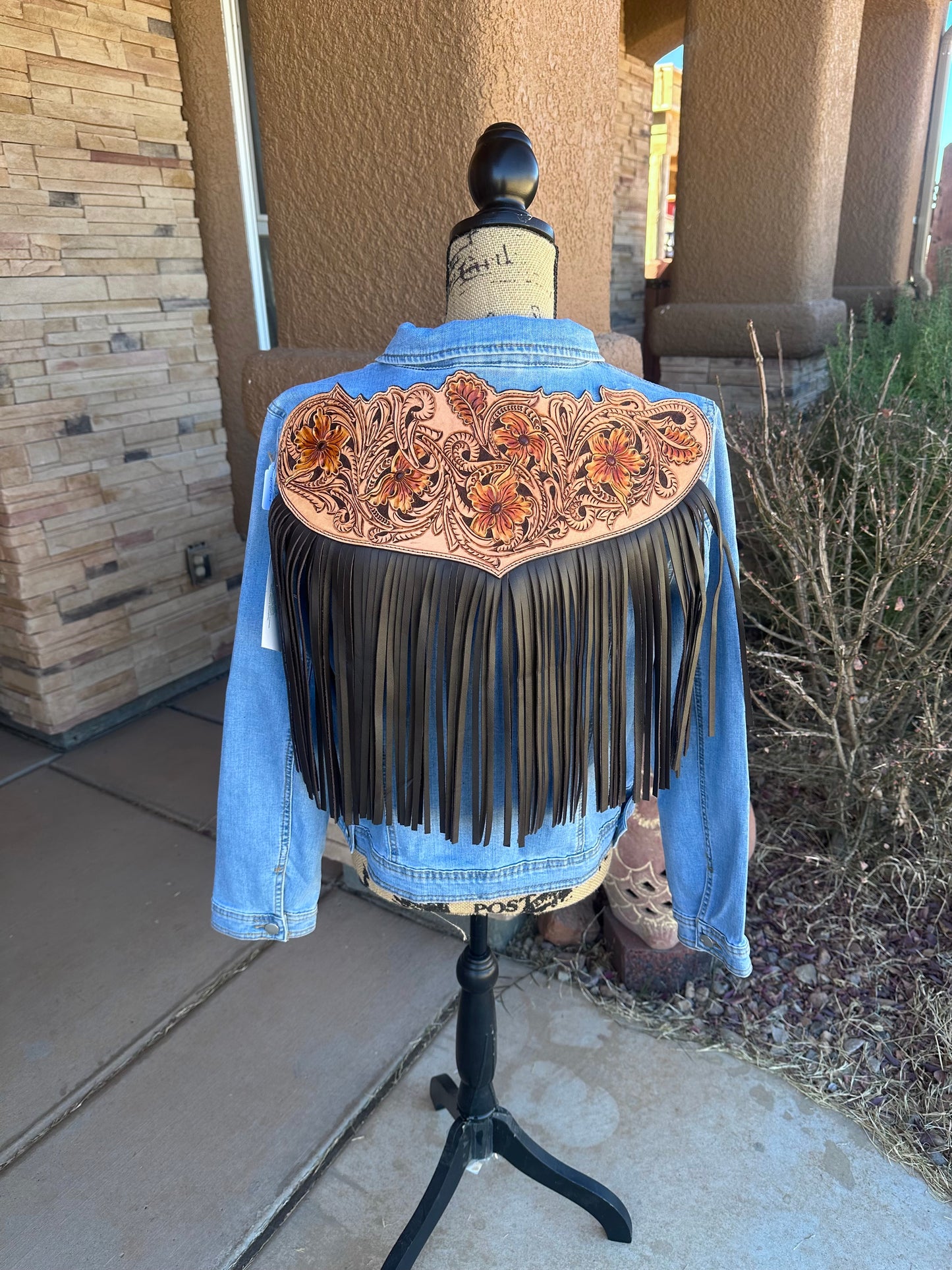 Western tooled leather floral fringe jacket