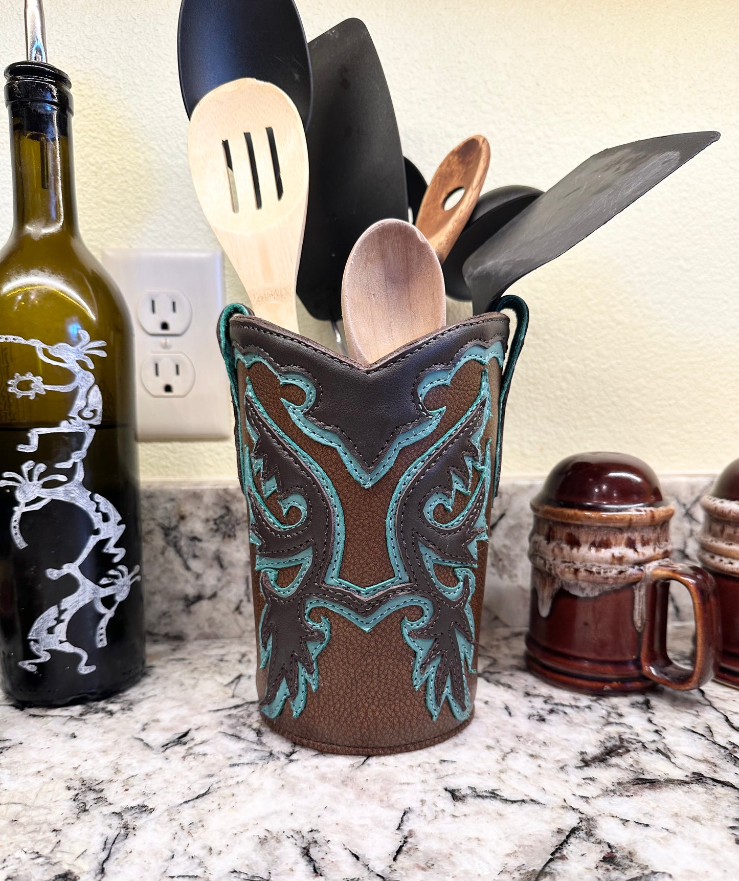 Western leather boot utensils holder or dried flower vase