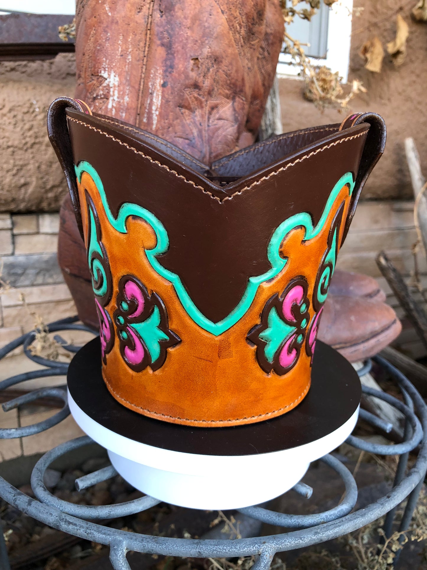 Western tooled leather pink and turquoise butterfly boot desk caddy