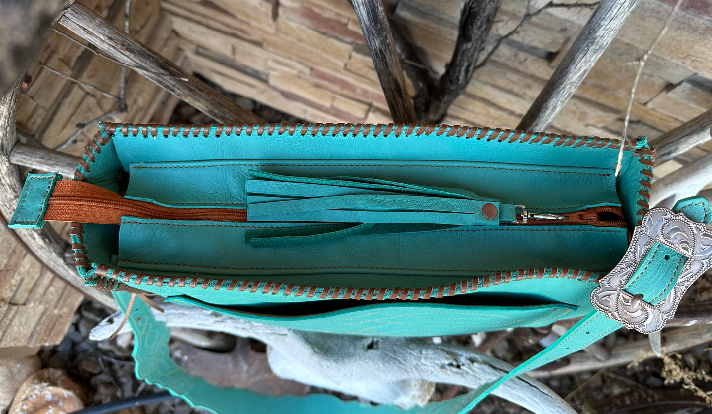 Western tooled leather floral chaps fringe bag