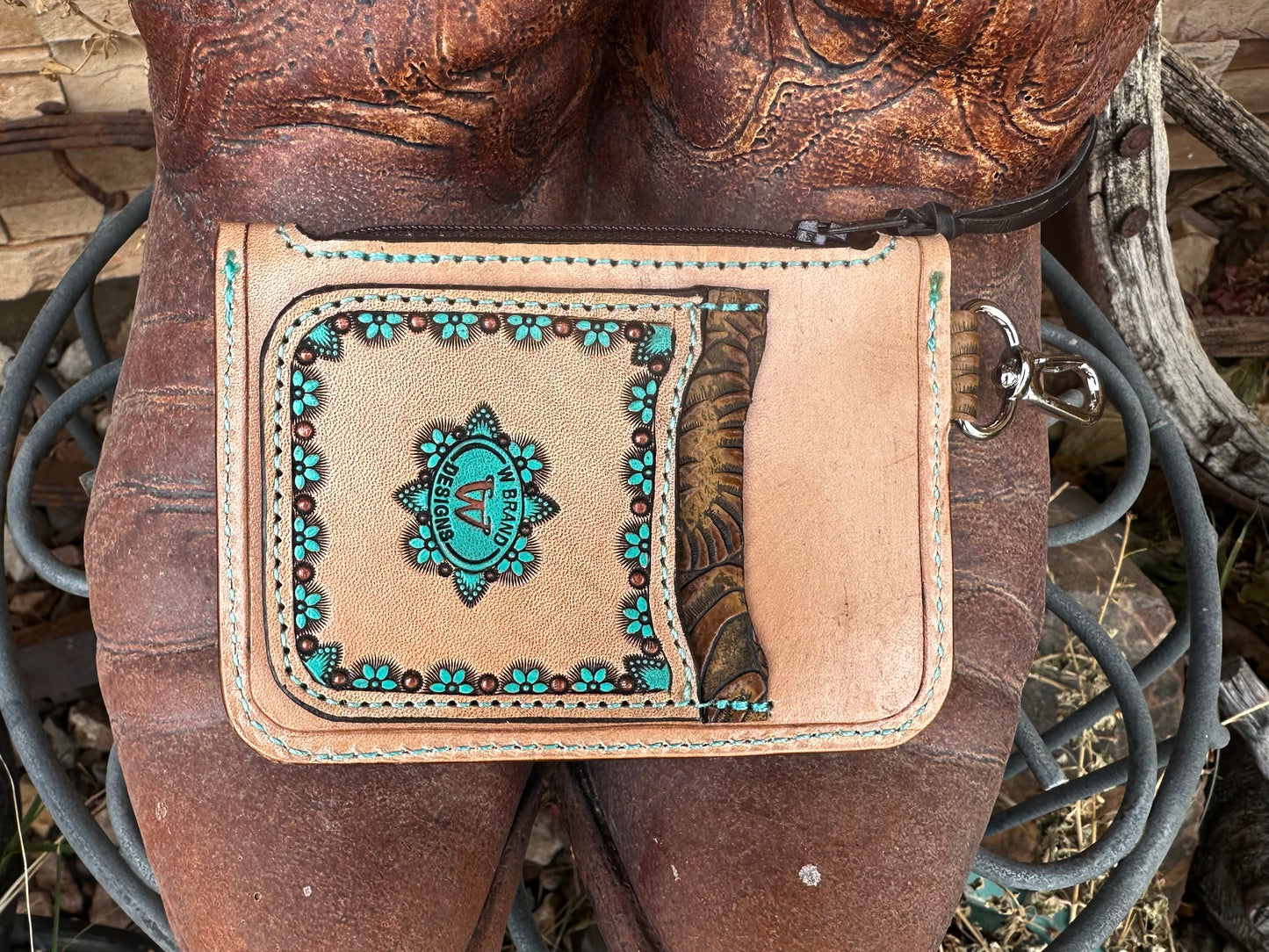 Western tooled leather floral zipper card wallet