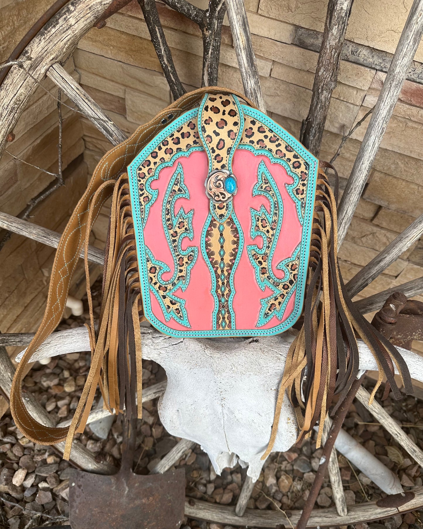 Western tooled leather turquoise, pink and leopard print fringe boot purse