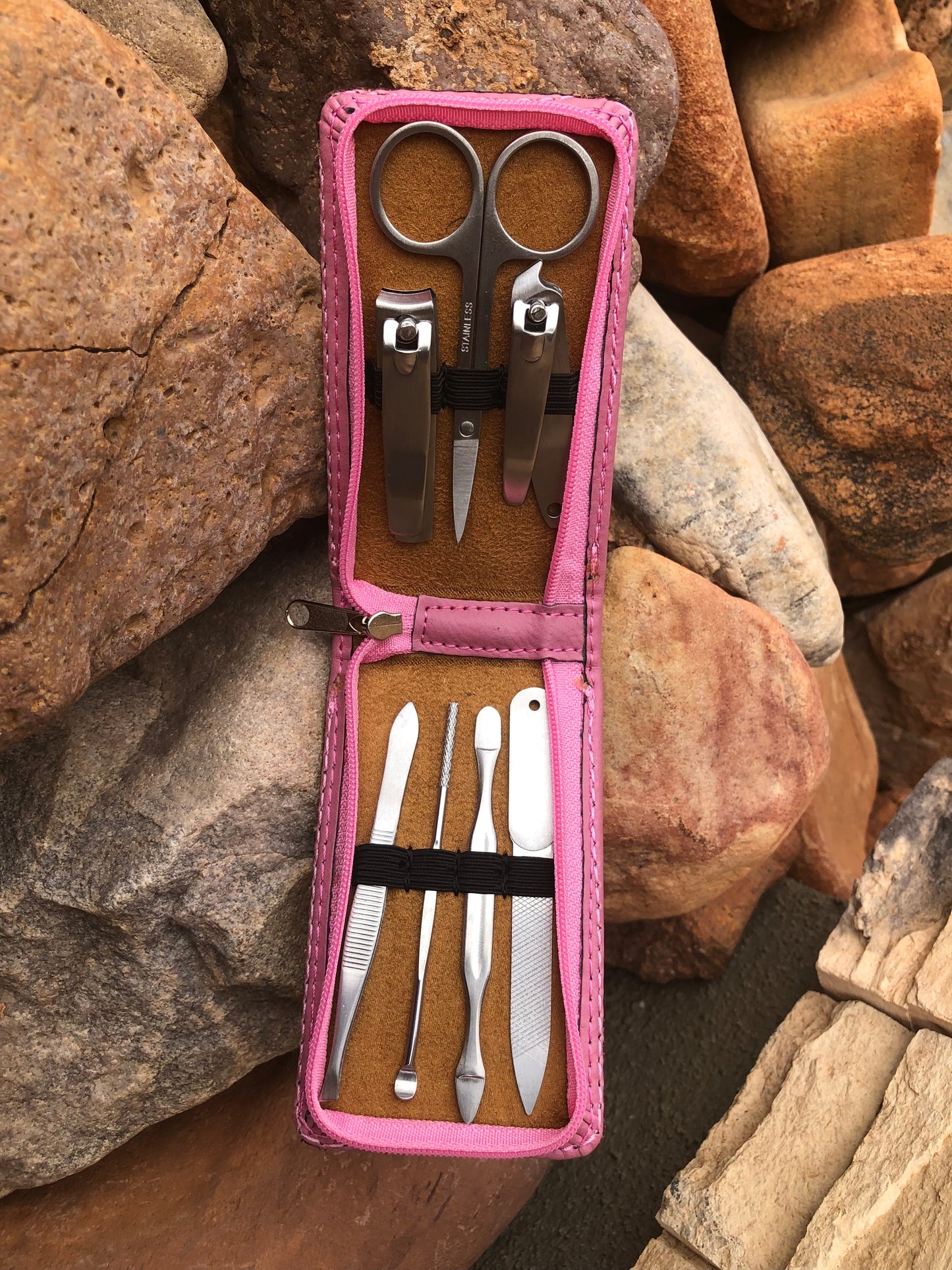 Western tooled leather pink floral travel manicure set