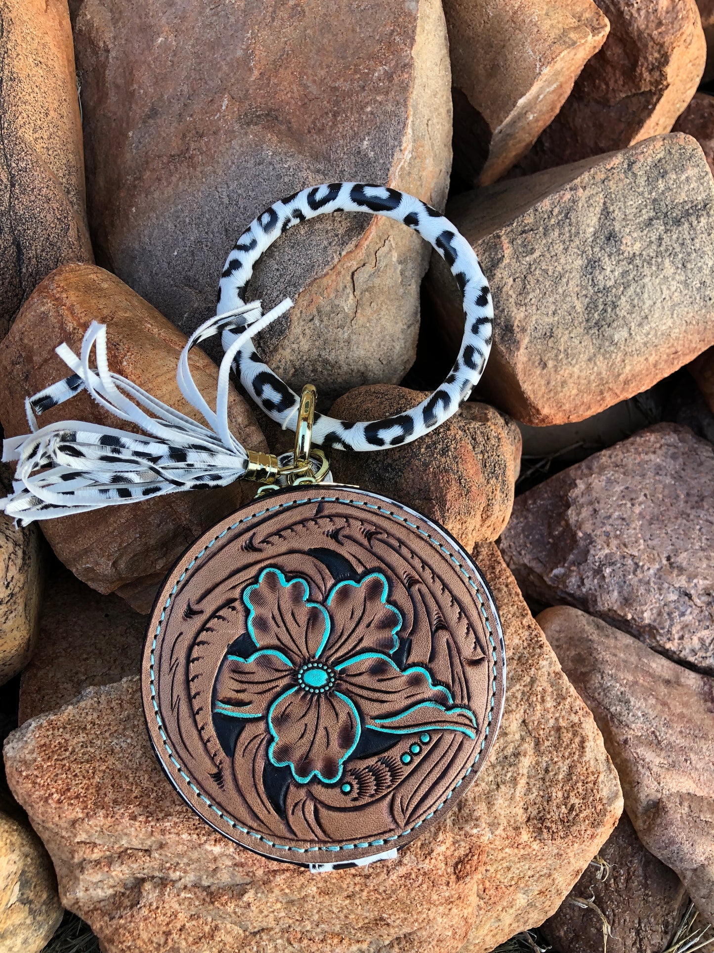 Western tooled floral wristlet with mirror