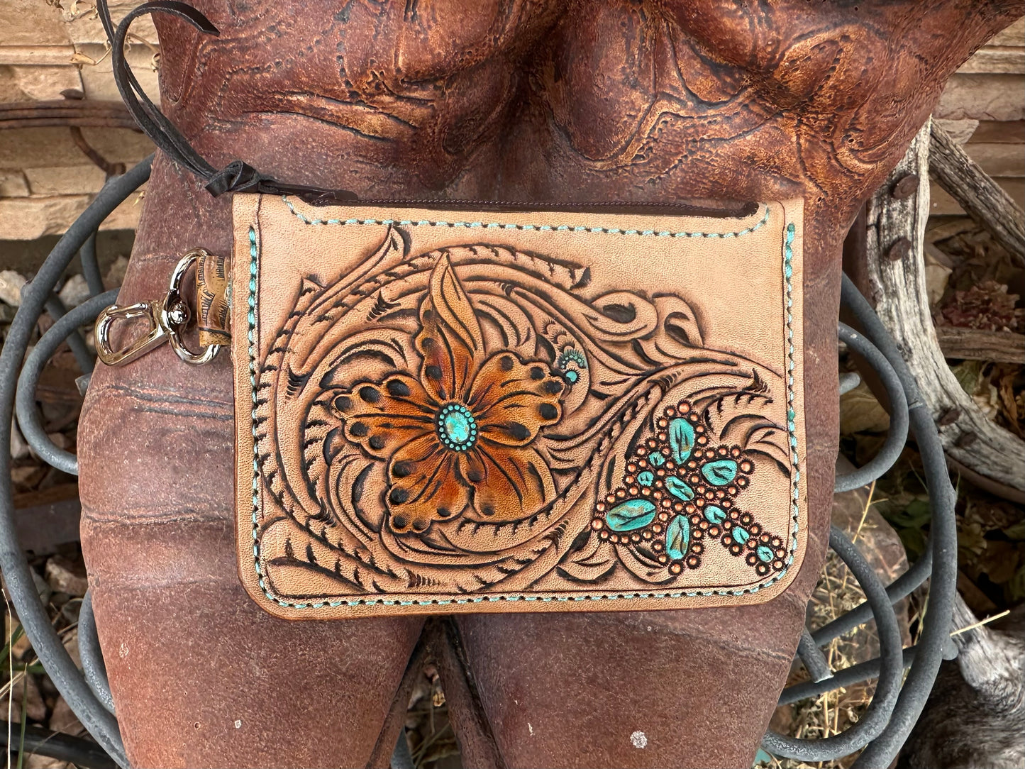 Western tooled leather turquoise and copper dragonfly zipper card wallets