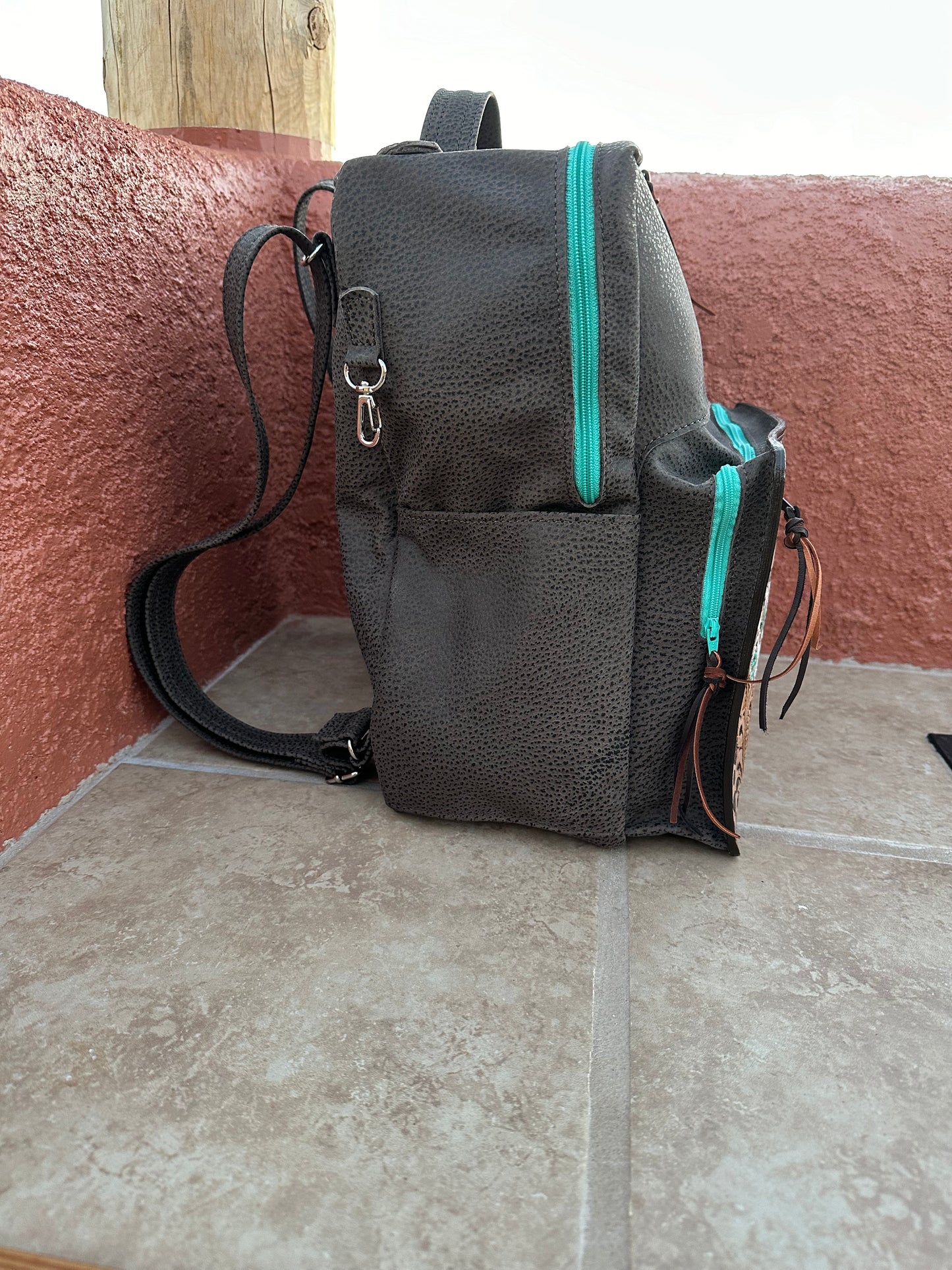 Western tooled leather Cowboy Tears and chocolate leather backpack