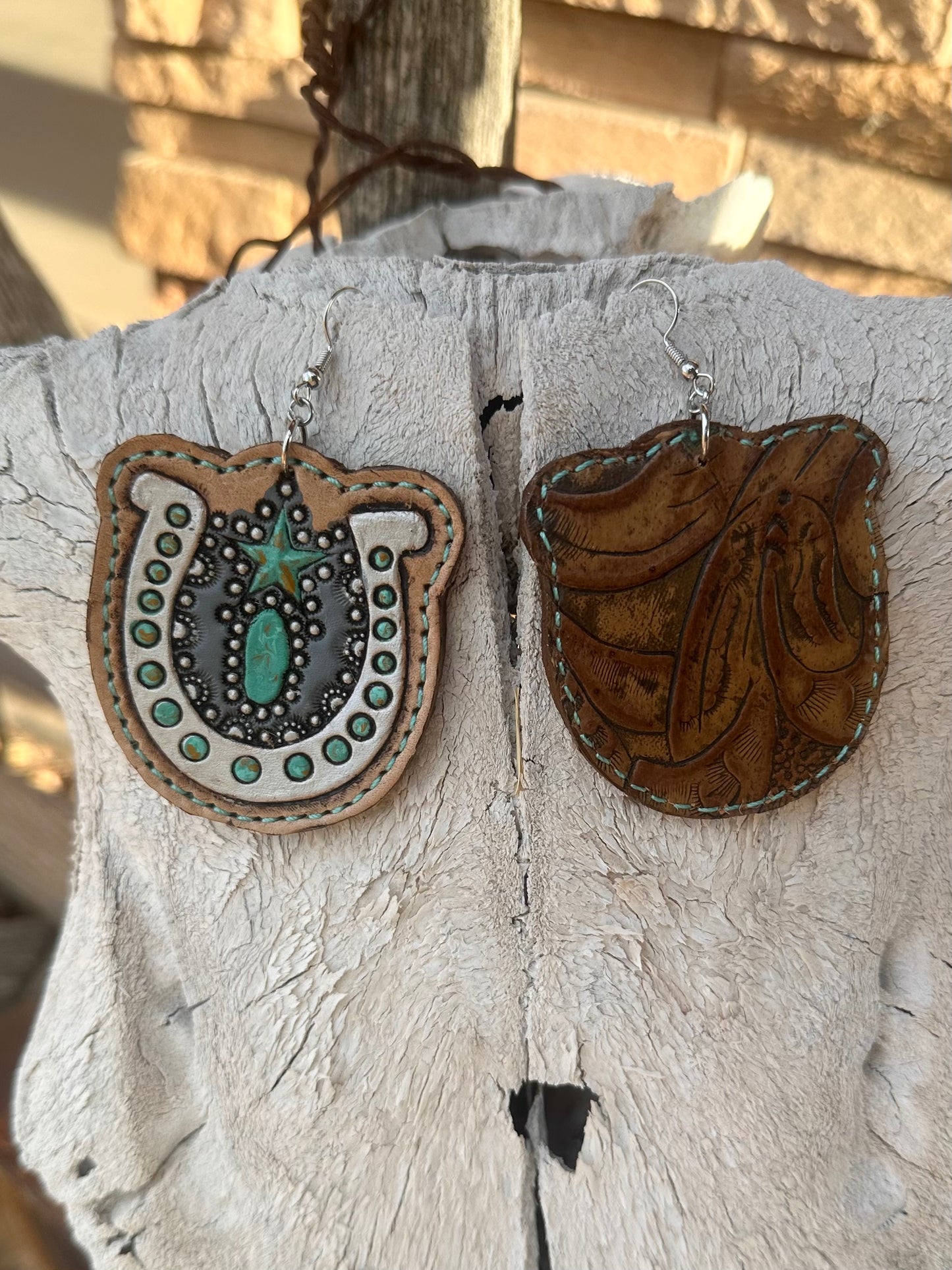 Western tooled leather turquoise star horseshoe earrings